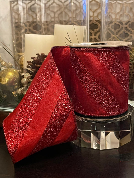 Designer glitter stripe red ribbon. 4”x 10 yards. Wired.*