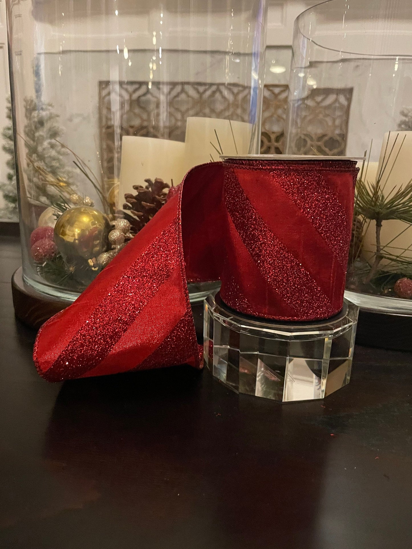 Designer glitter stripe red ribbon. 4”x 10 yards. Wired.*
