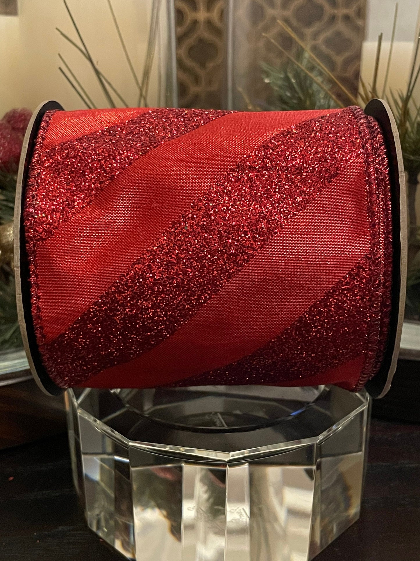Designer glitter stripe red ribbon. 4”x 10 yards. Wired.*