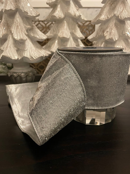 Designer lame velvet silver ribbon. 4”x 10 yards. Wired.*
