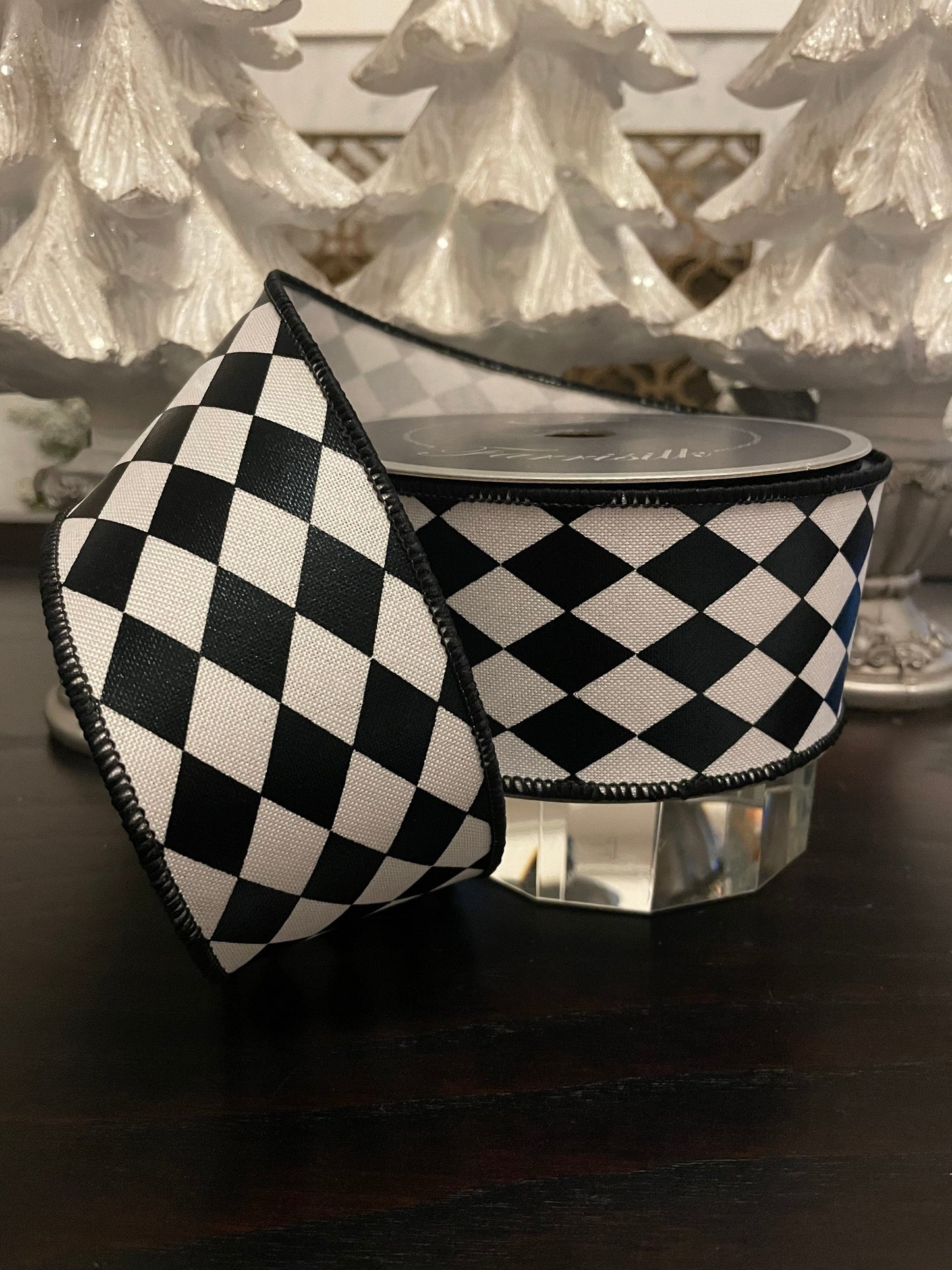 Designer Christmas foil jester diamonds ribbon. 2.5”x 10 yards. Wired.*