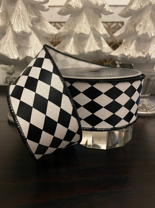 Designer Christmas foil jester diamonds ribbon. 2.5”x 10 yards. Wired.*