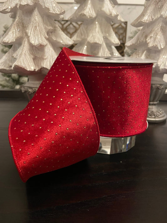 Designer textured gold dots red ribbon. 4”x 10 yards. Wired.*