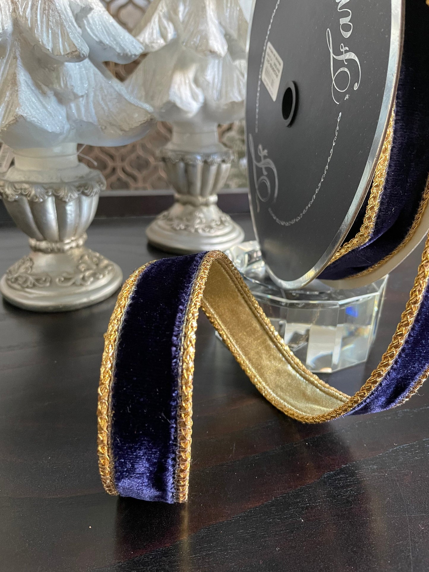 Designer royal velvet navy blue ribbon. 1”x 10 yards. Wired.*