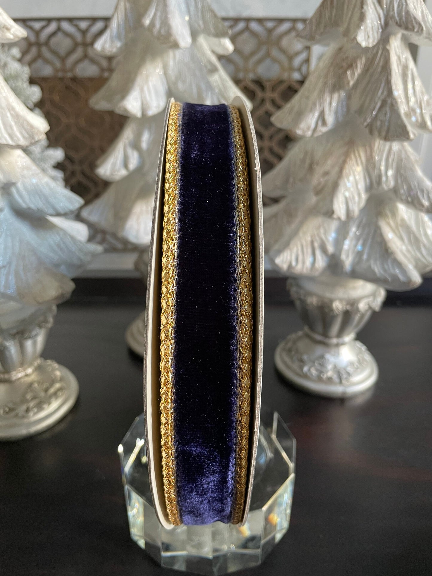 Designer royal velvet navy blue ribbon. 1”x 10 yards. Wired.*