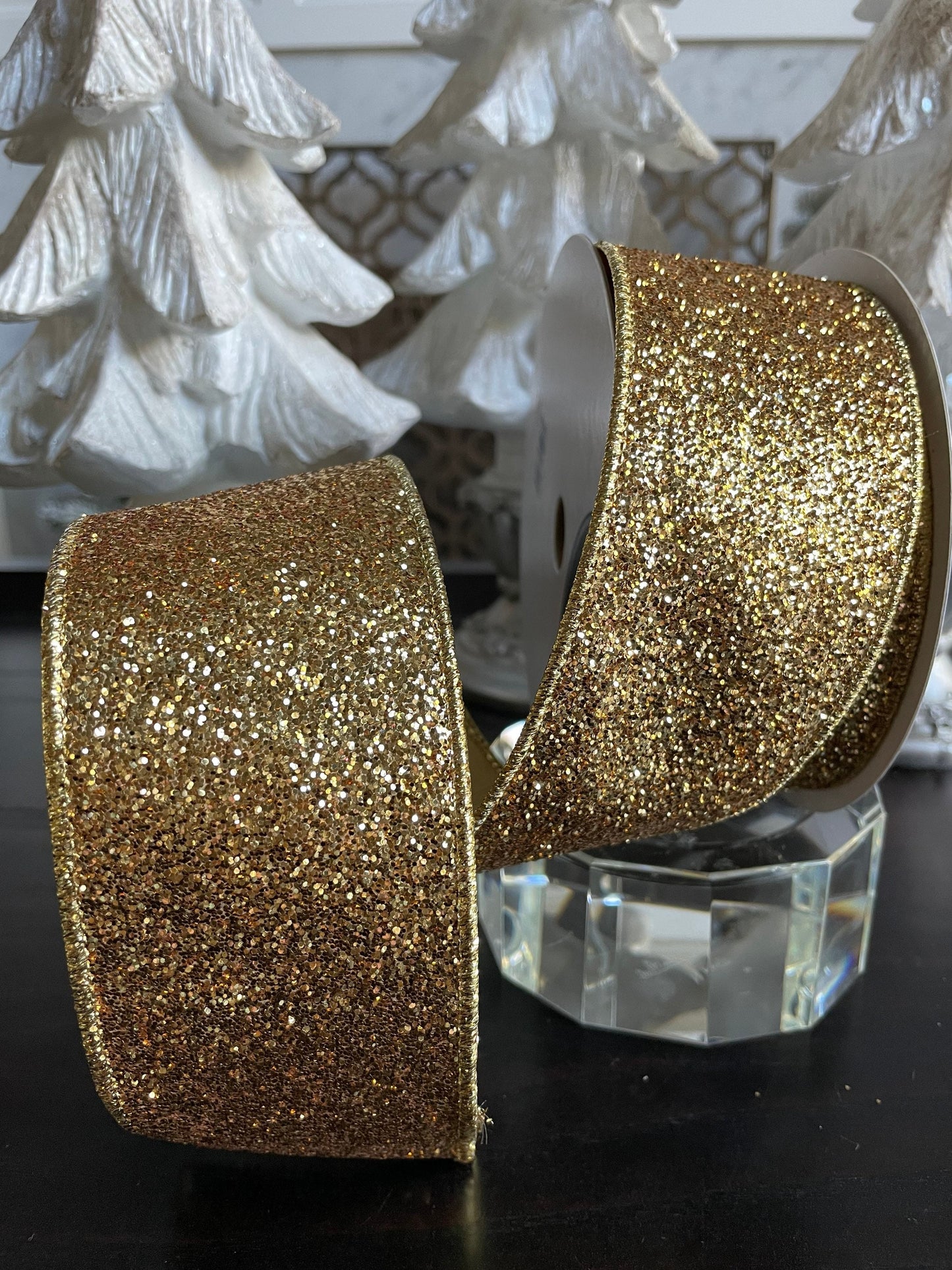 Designer glitter magic gold ribbon. 2.5”x 10 yards. Wired.*