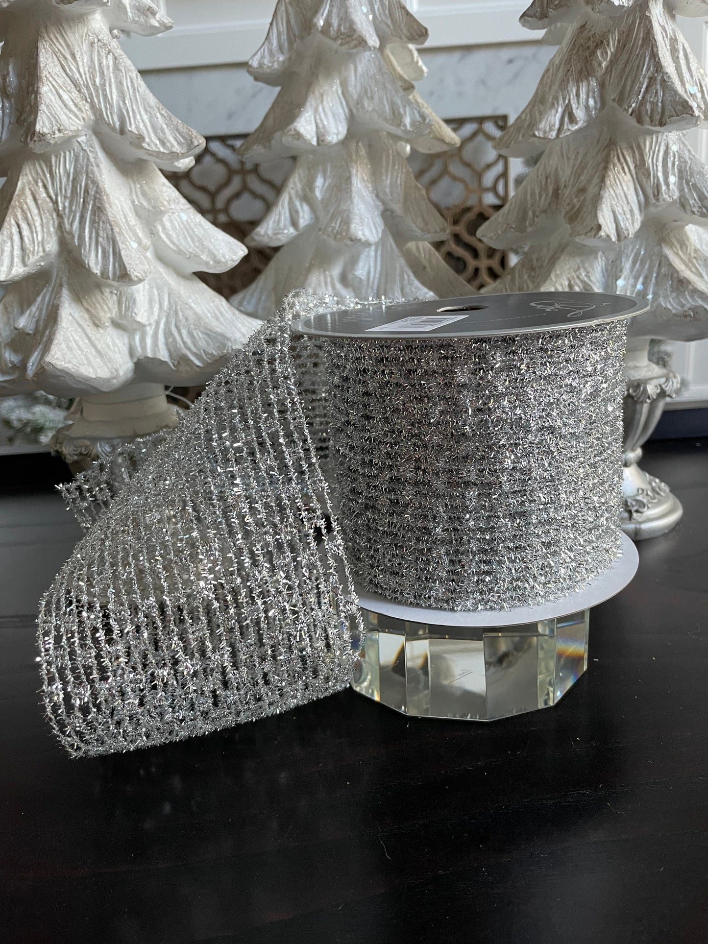 Designer Christmas diamonds silver ribbon. 4”x 10 yards. Wired.*