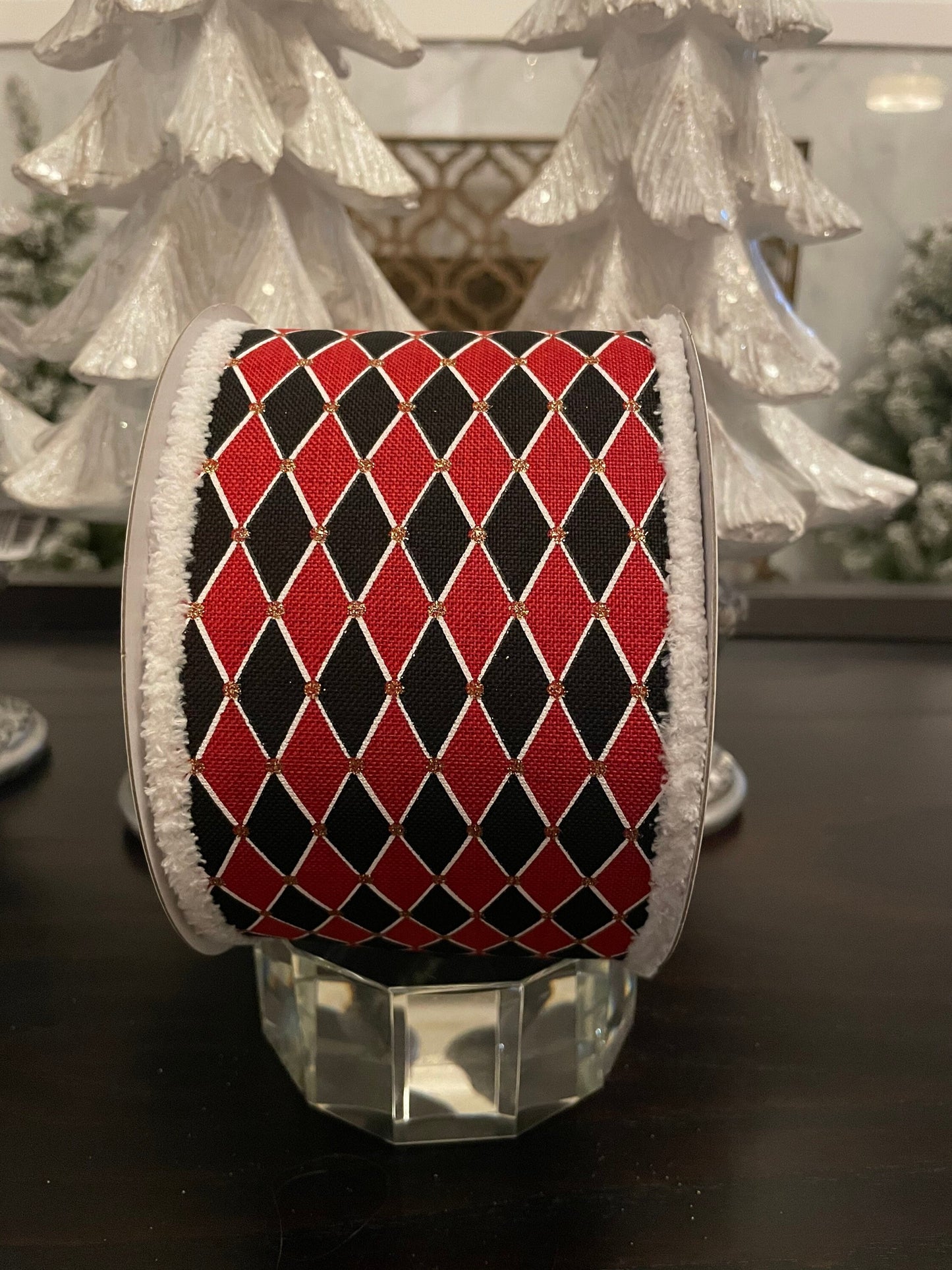 Harlequin outlined black and red ribbon. 4”x 10 yards. Wired.*