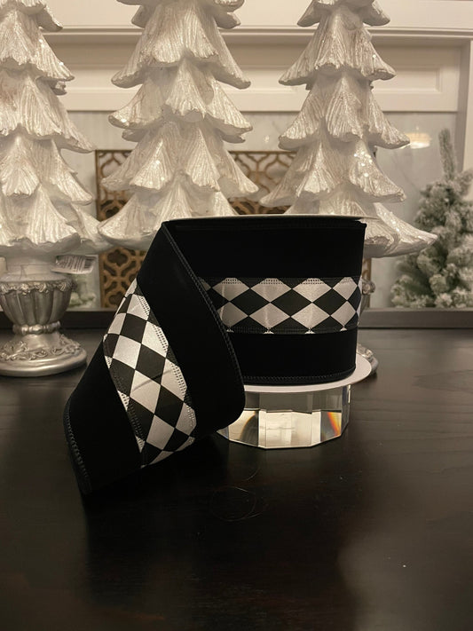 Center diamonds ribbon. Black and white 4”x 10 yards. Wired.*