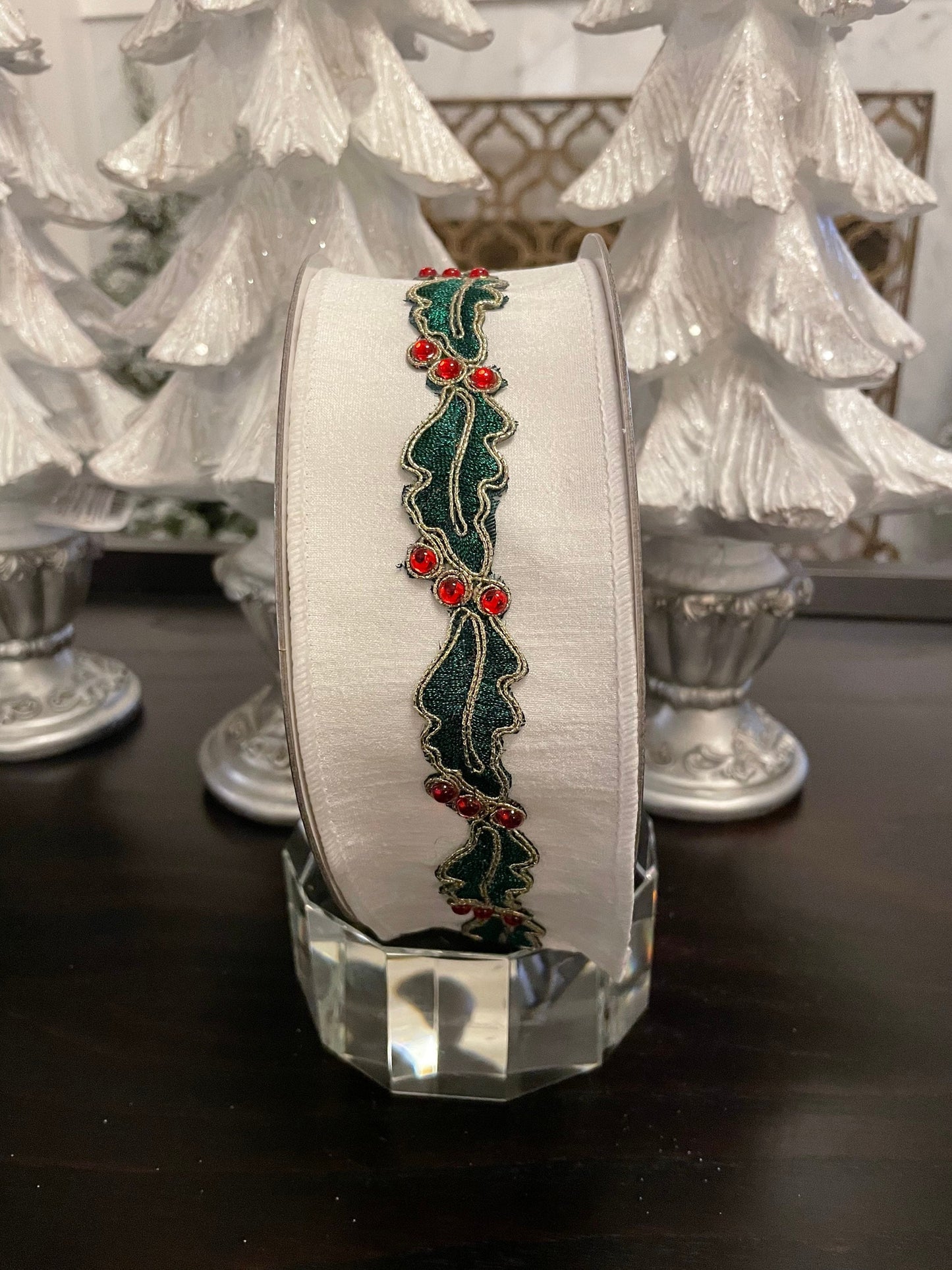 Holly border white ribbon. 2.5”x 10 yards. Wired.*