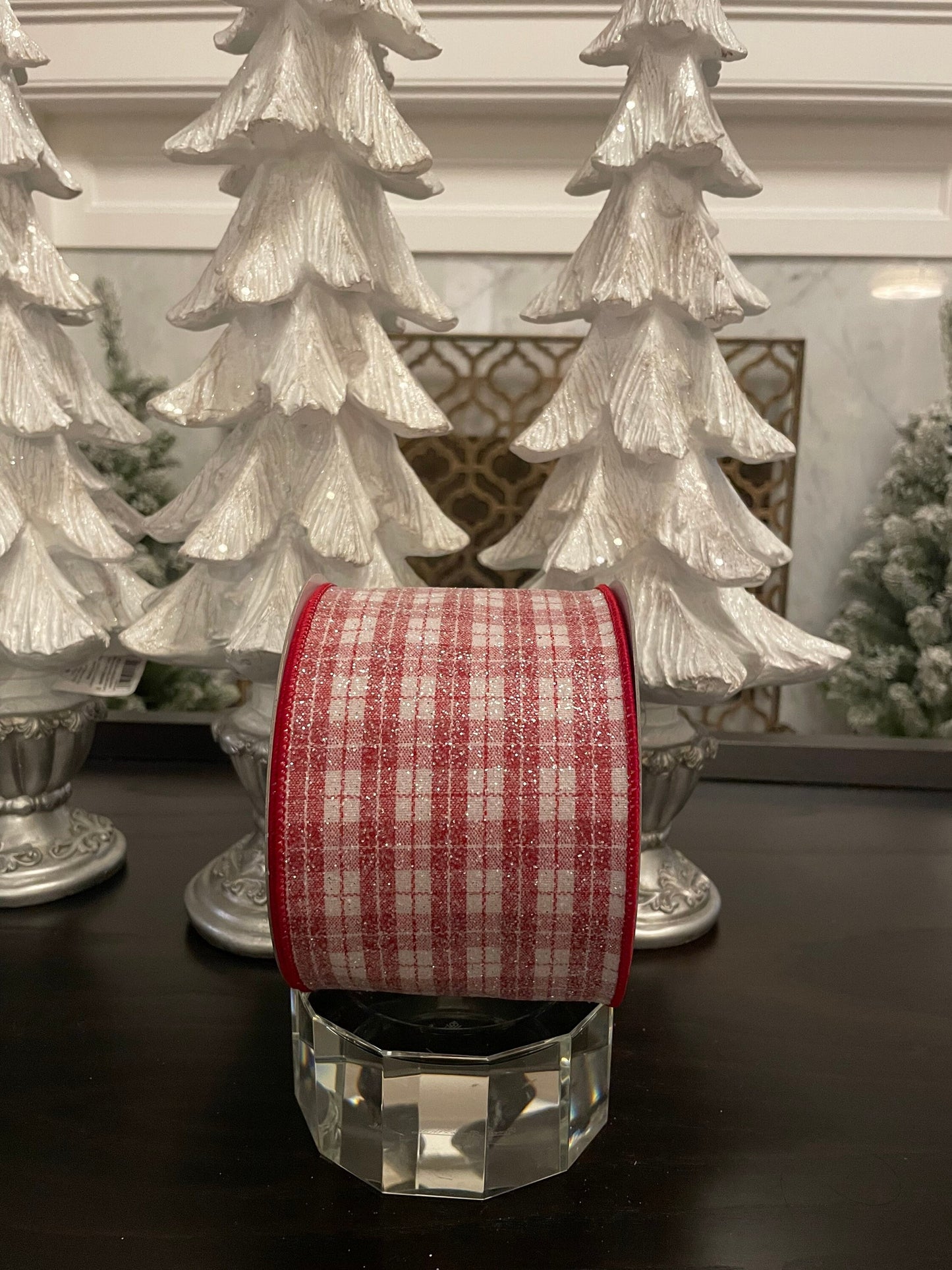 Sugar plaid ribbon. Red and white. 4”x 10 yards. Glittery.Wired.*