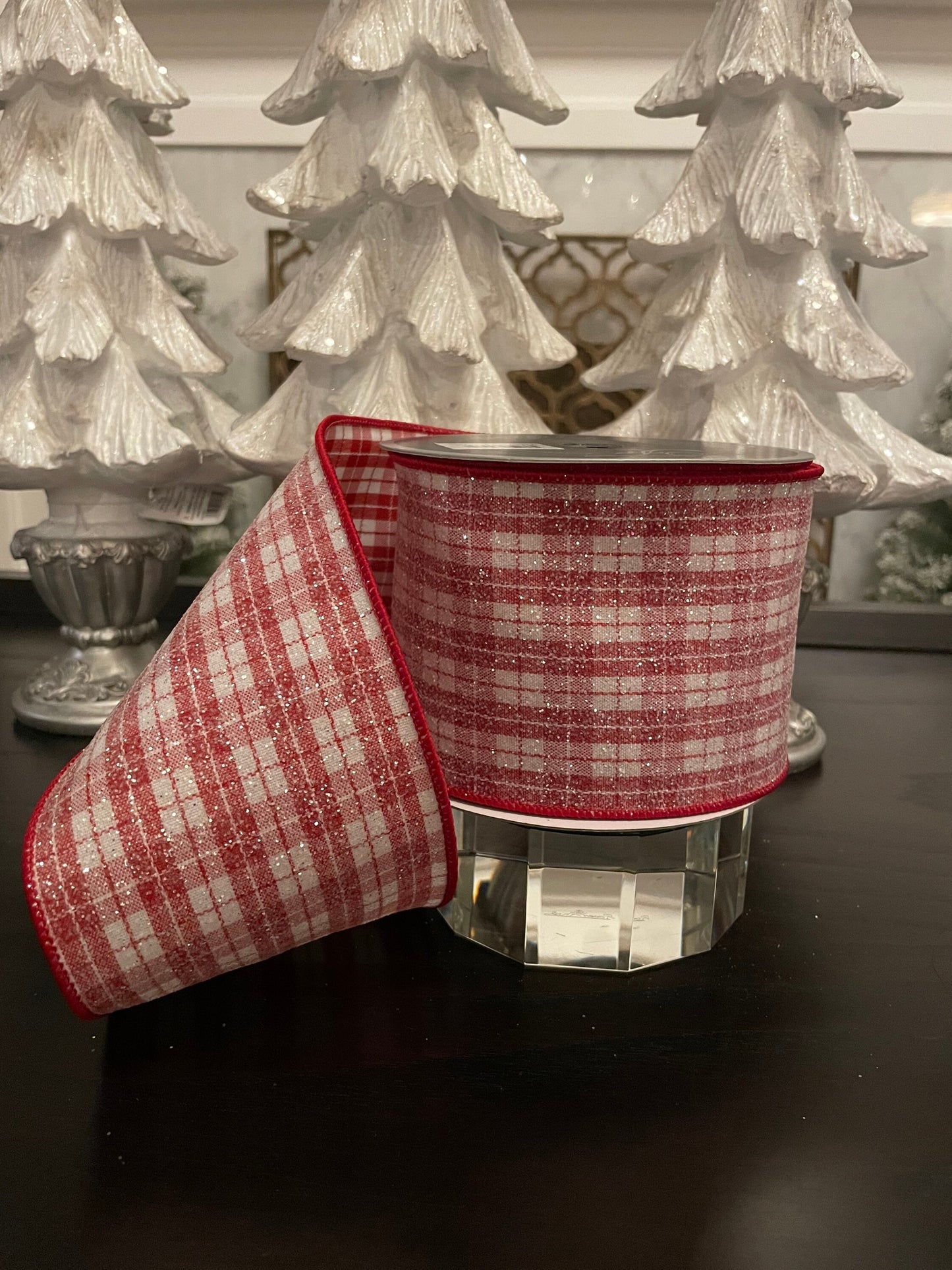 Sugar plaid ribbon. Red and white. 4”x 10 yards. Glittery.Wired.*