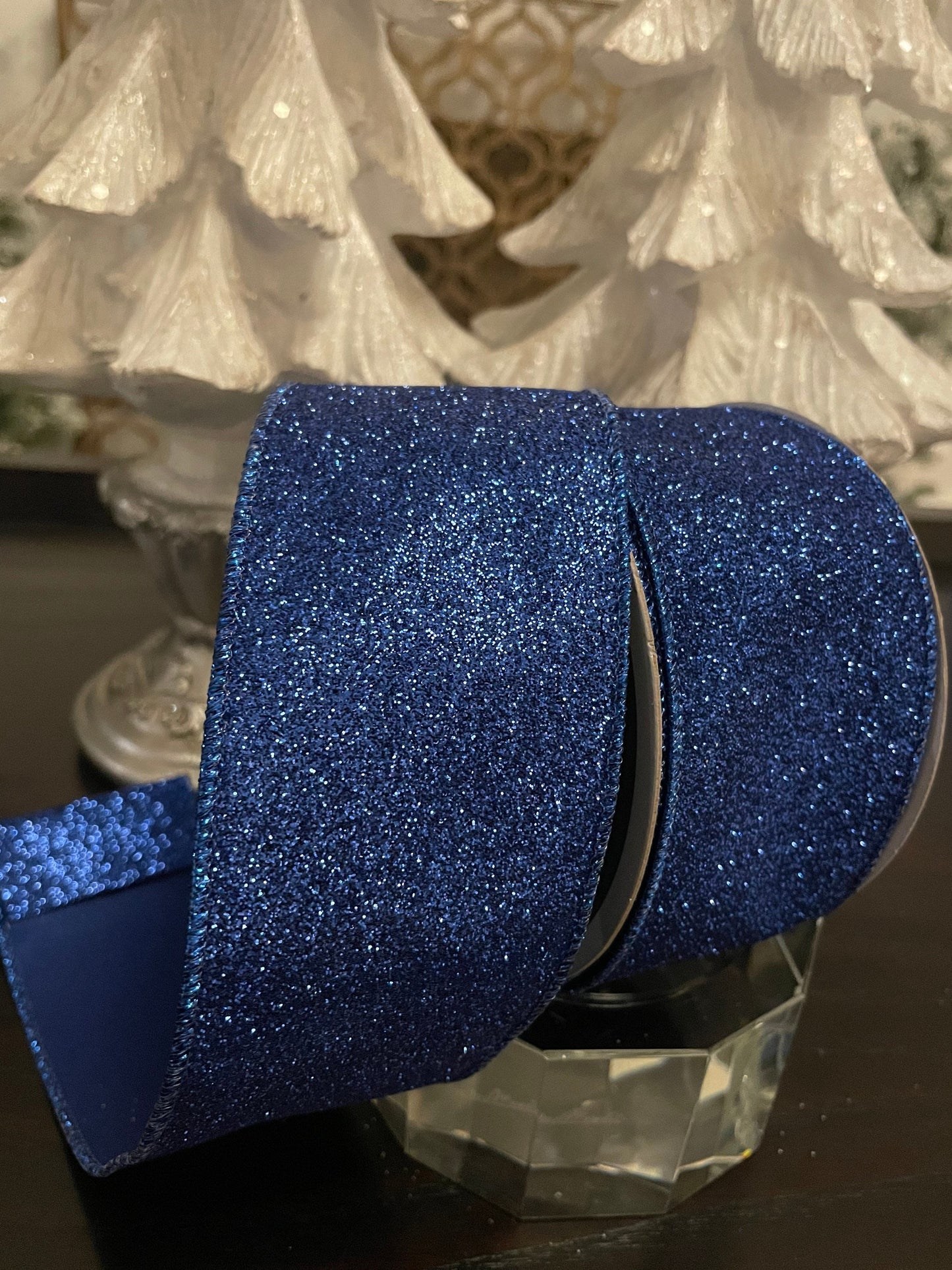 Designer diamond dust royal blue ribbon. 2.5” x 10 yards. Wired.*