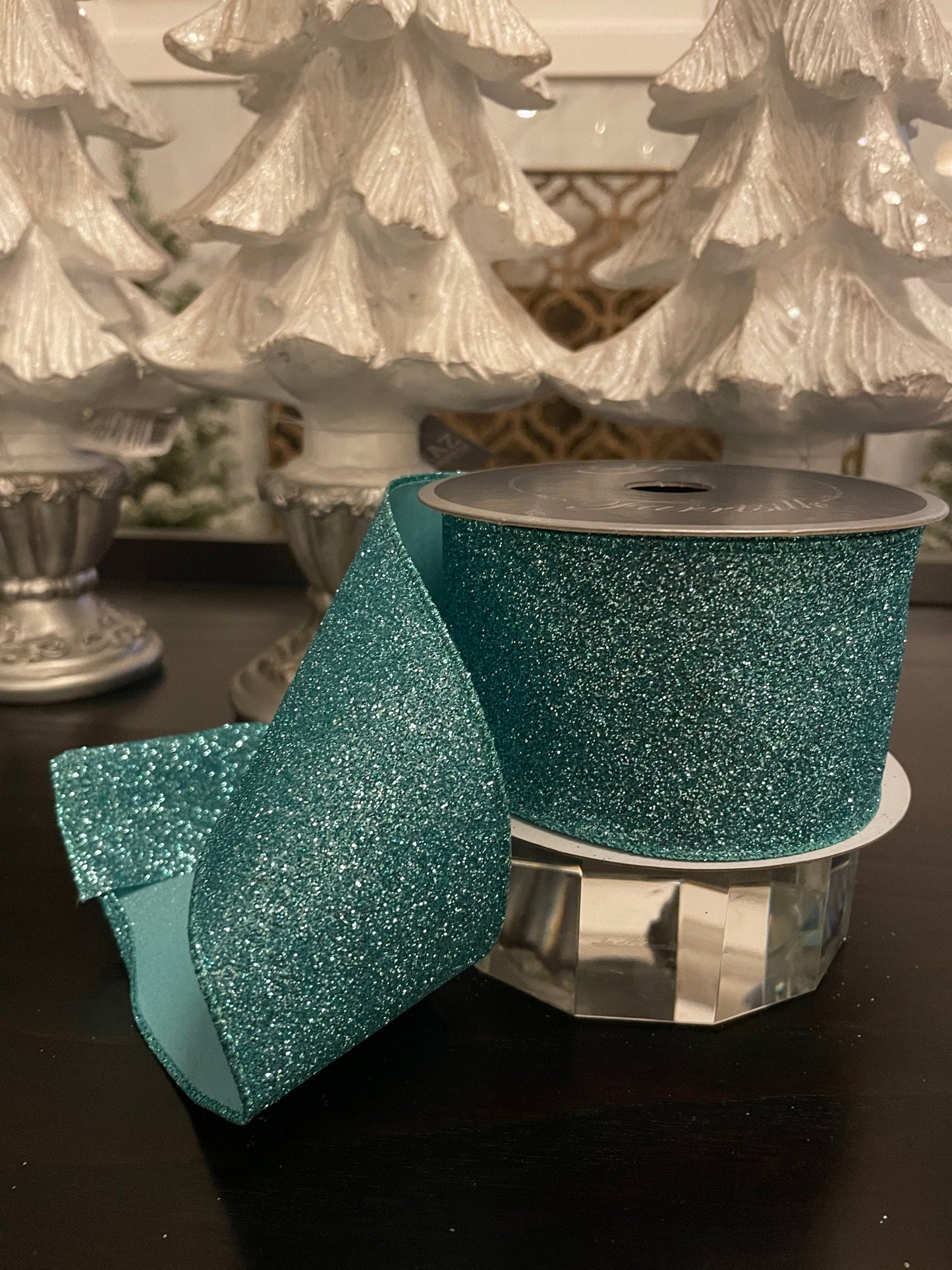 Designer diamond dust dusty blue ribbon. 2.5” x 10 yards. Wired.*