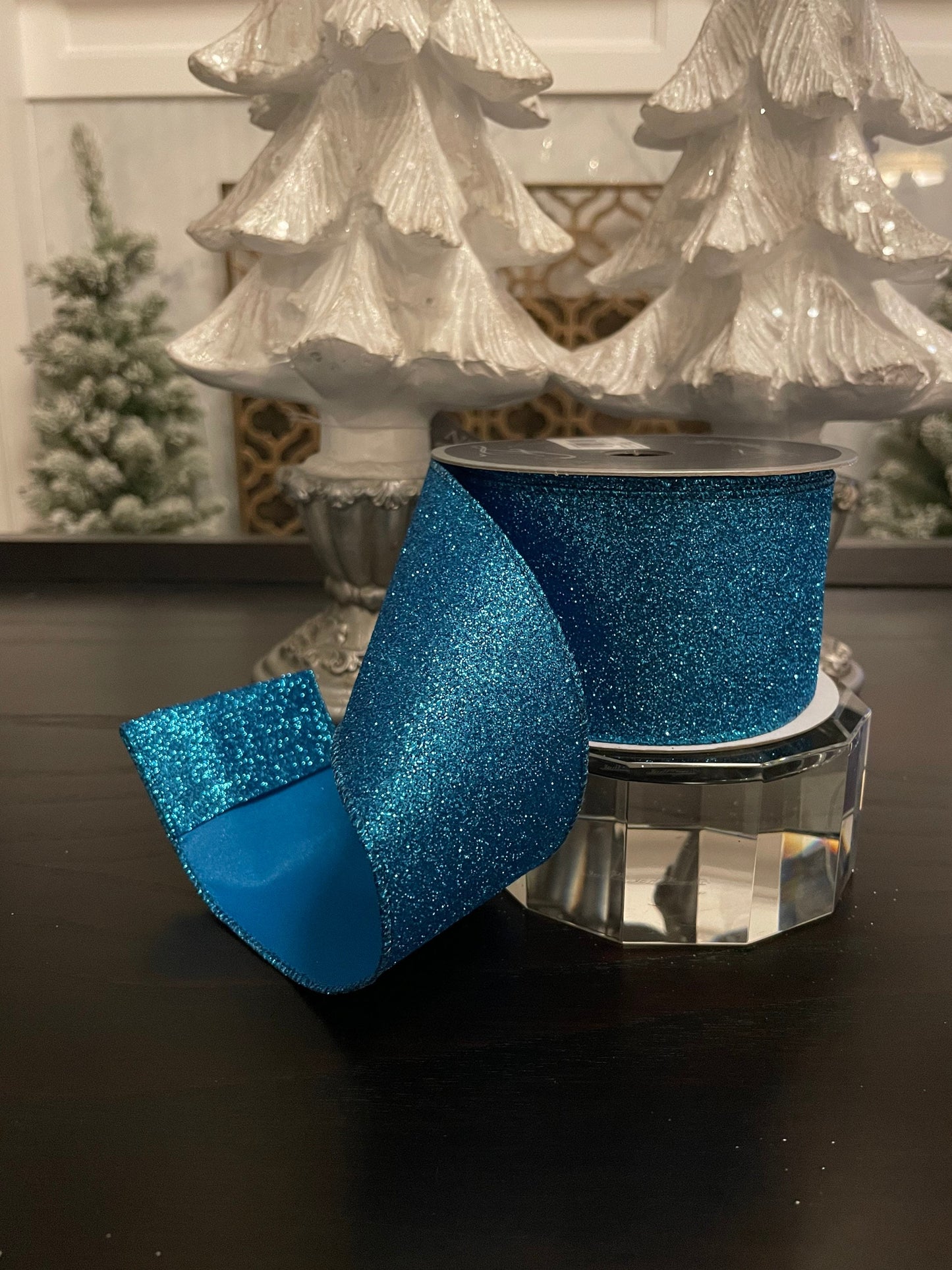 Designer diamond dust turquoise ribbon. 2.5” x 10 yards. Wired.*