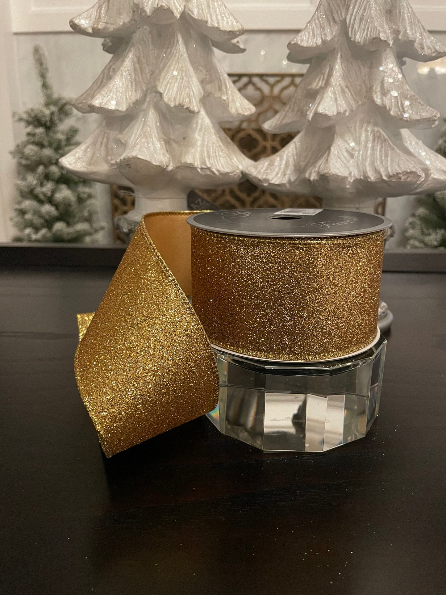 Designer diamond dust gold ribbon. 2.5” x 10 yards. Wired.*