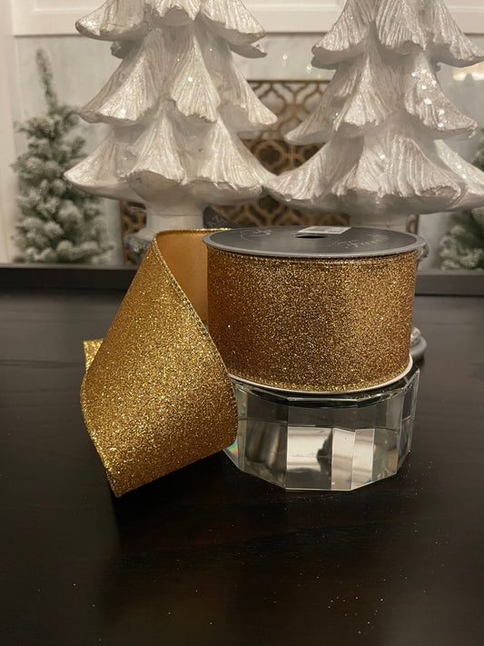 Designer diamond dust gold ribbon. 2.5” x 10 yards. Wired.*