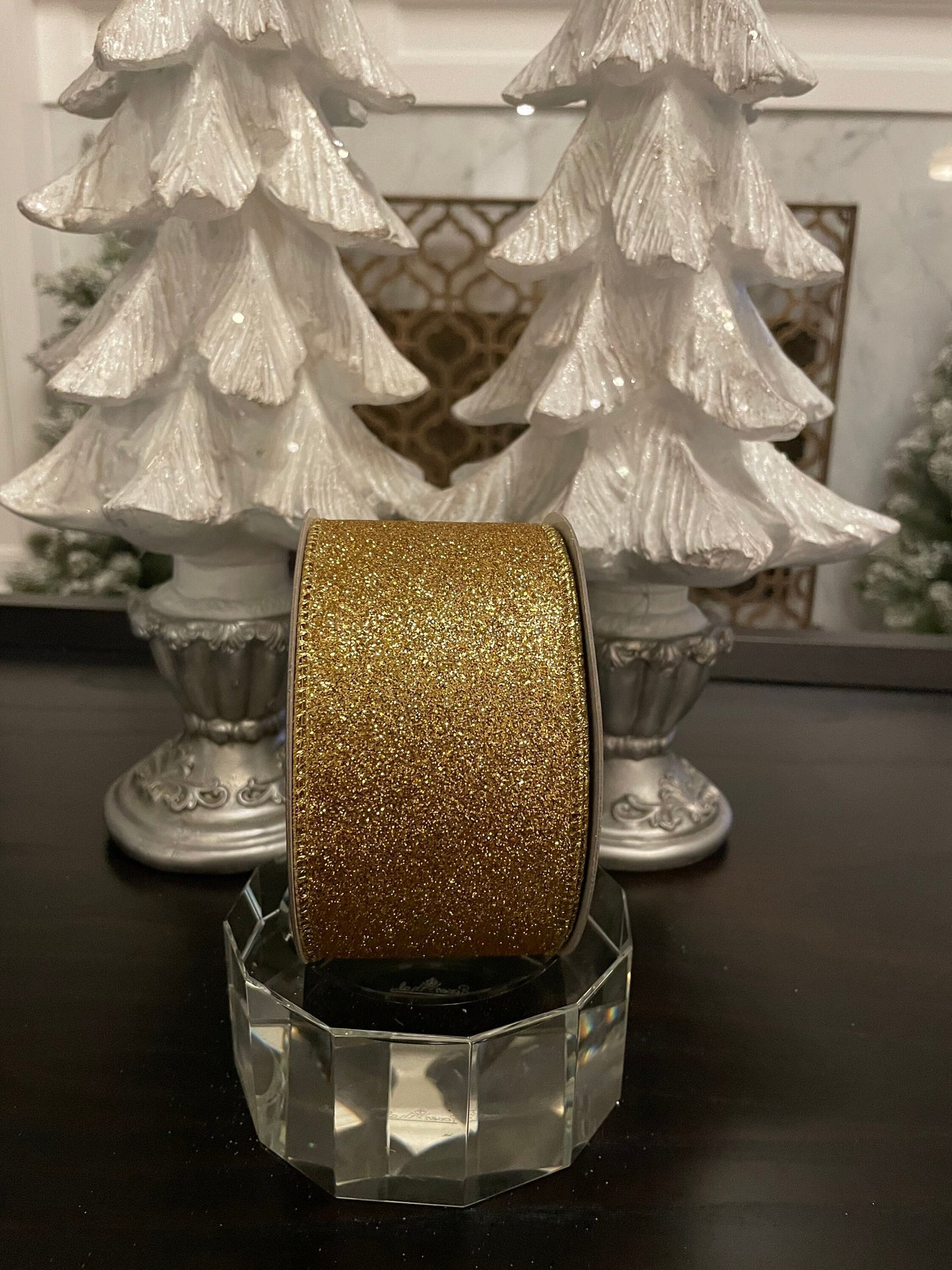 Designer diamond dust gold ribbon. 2.5” x 10 yards. Wired.*