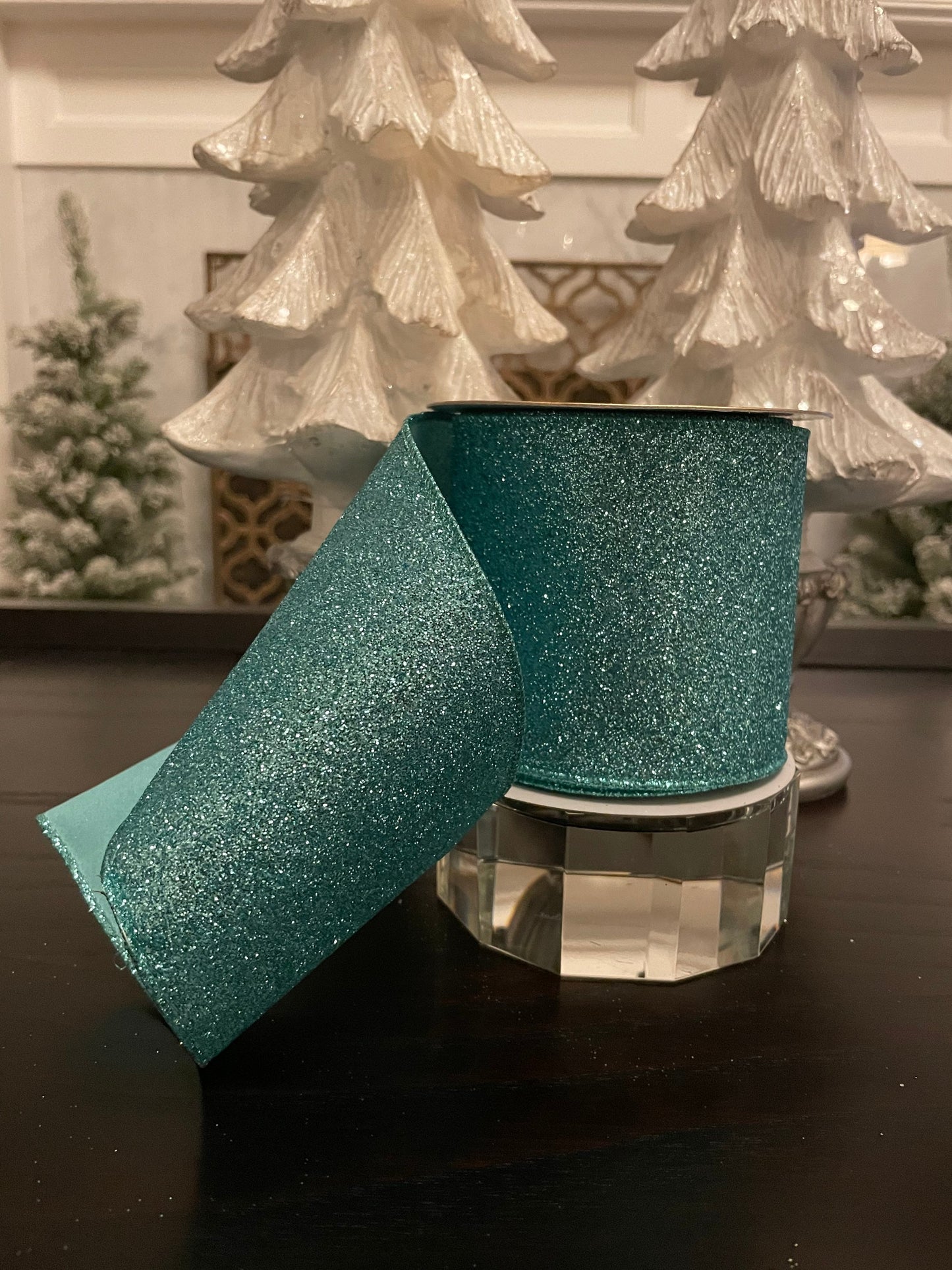 Designer diamond dust dusty blue ribbon. 4”x 10 yards. Wired.*