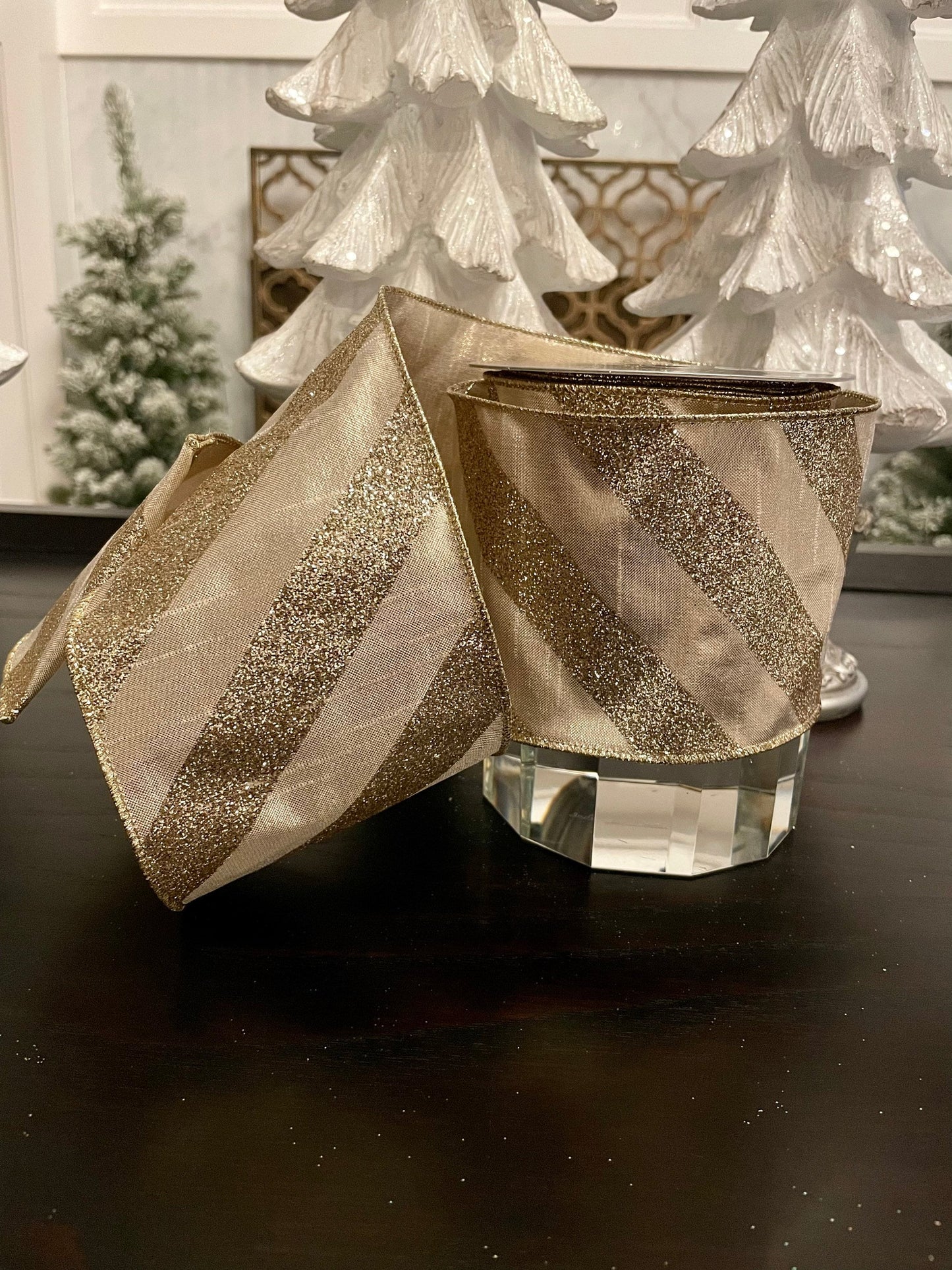Designer metallic dupion candy platinum ribbon. 4”x 10 yards. Wired. Farrisilk.*