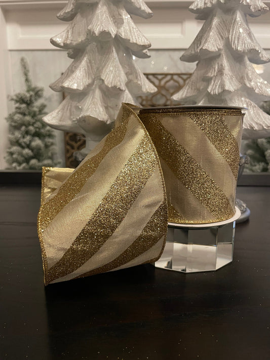 Designer metallic dupion candy gold ribbon. 4”x 10 yards. Wired.*