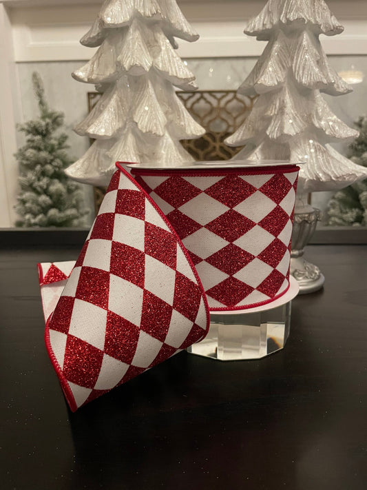 Glitter jester diamonds ribbon. Red and white 4”x 10 yards. Wired.*
