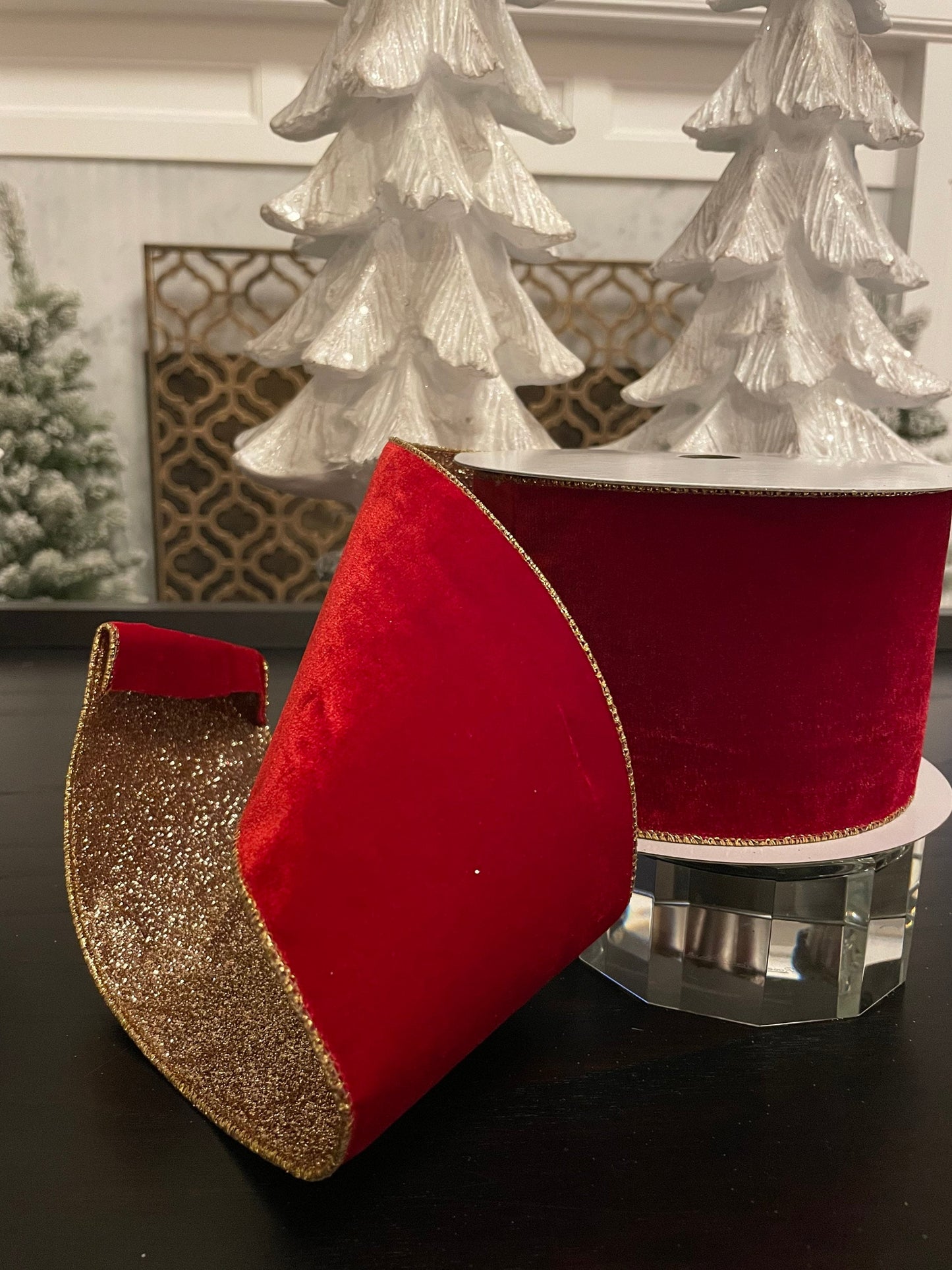 Designer velvet glitter ribbon. Red and gold. 4”x 10 yards. Wired.*