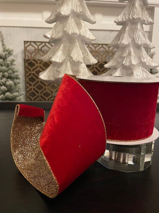 Designer velvet glitter ribbon. Red and gold. 4”x 10 yards. Wired.*
