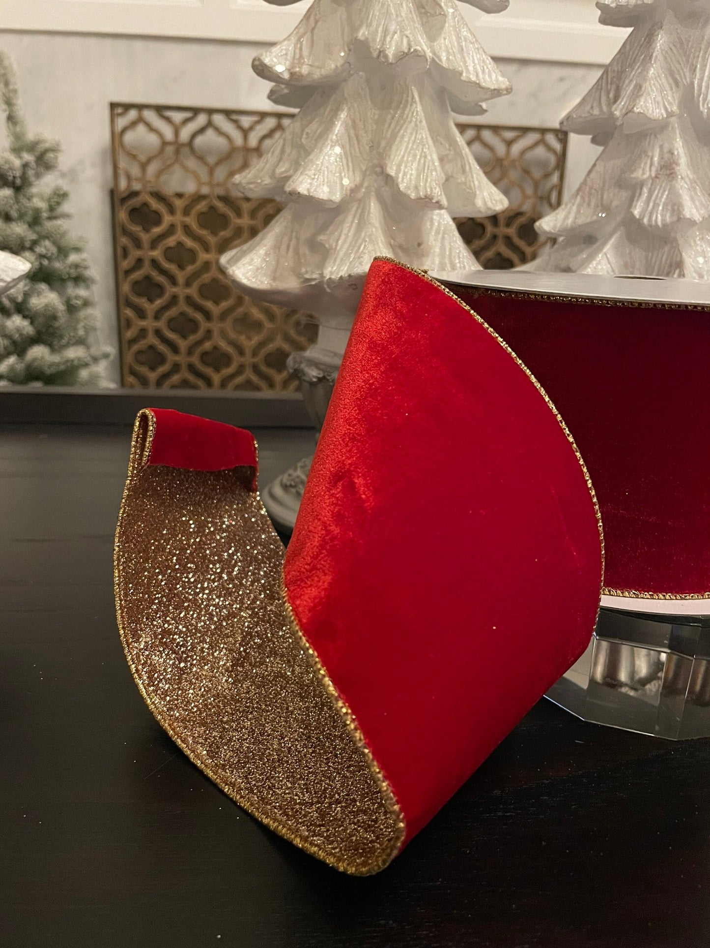 Designer velvet glitter ribbon. Red and gold. 4”x 10 yards. Wired.*