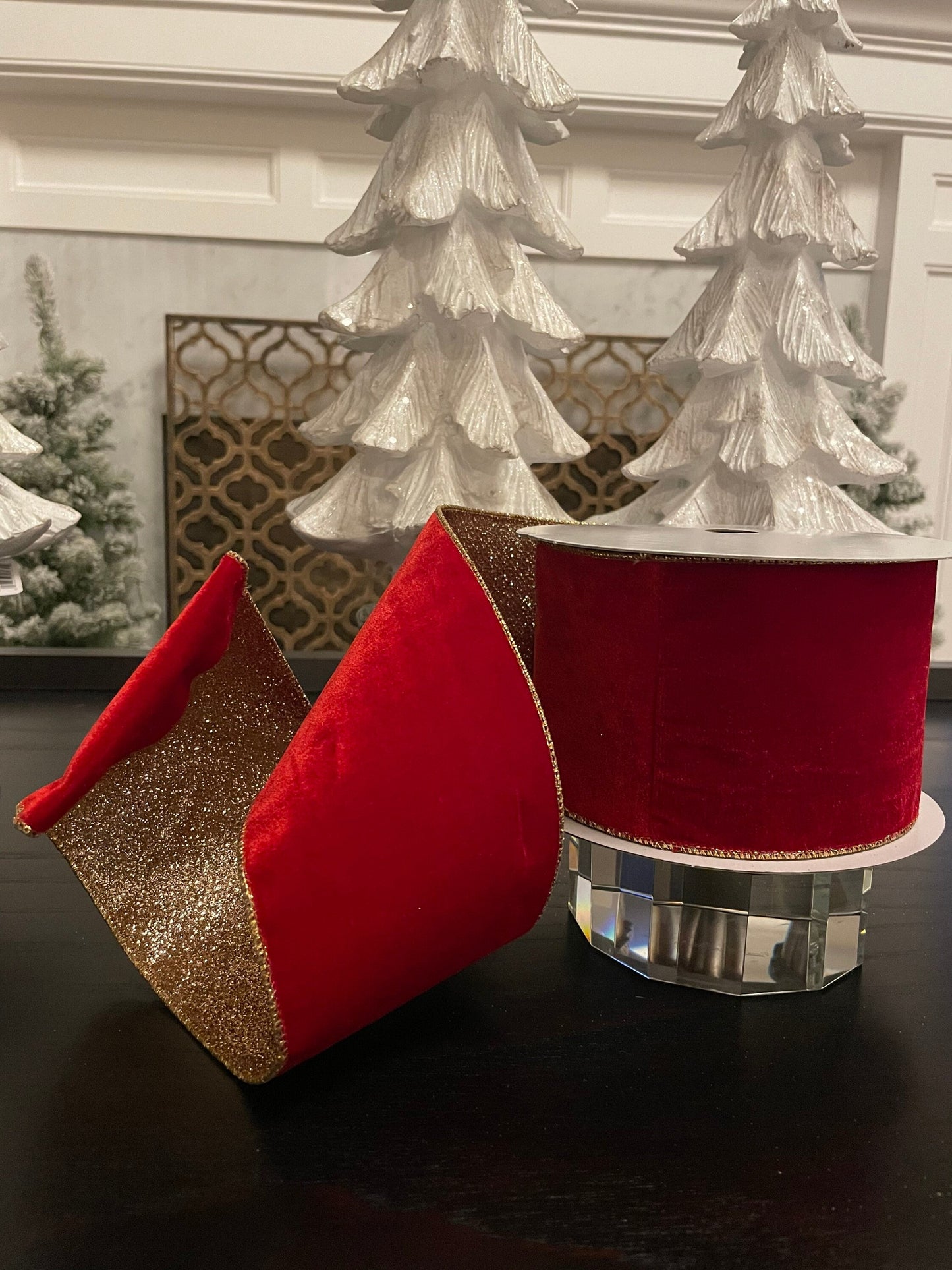 Designer velvet glitter ribbon. Red and gold. 4”x 10 yards. Wired.*