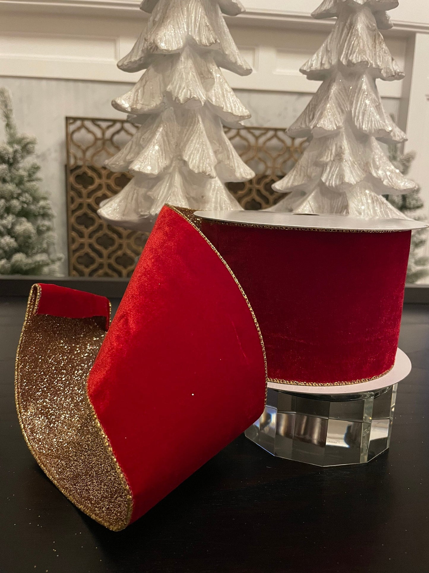 Designer velvet glitter ribbon. Red and gold. 4”x 10 yards. Wired.*