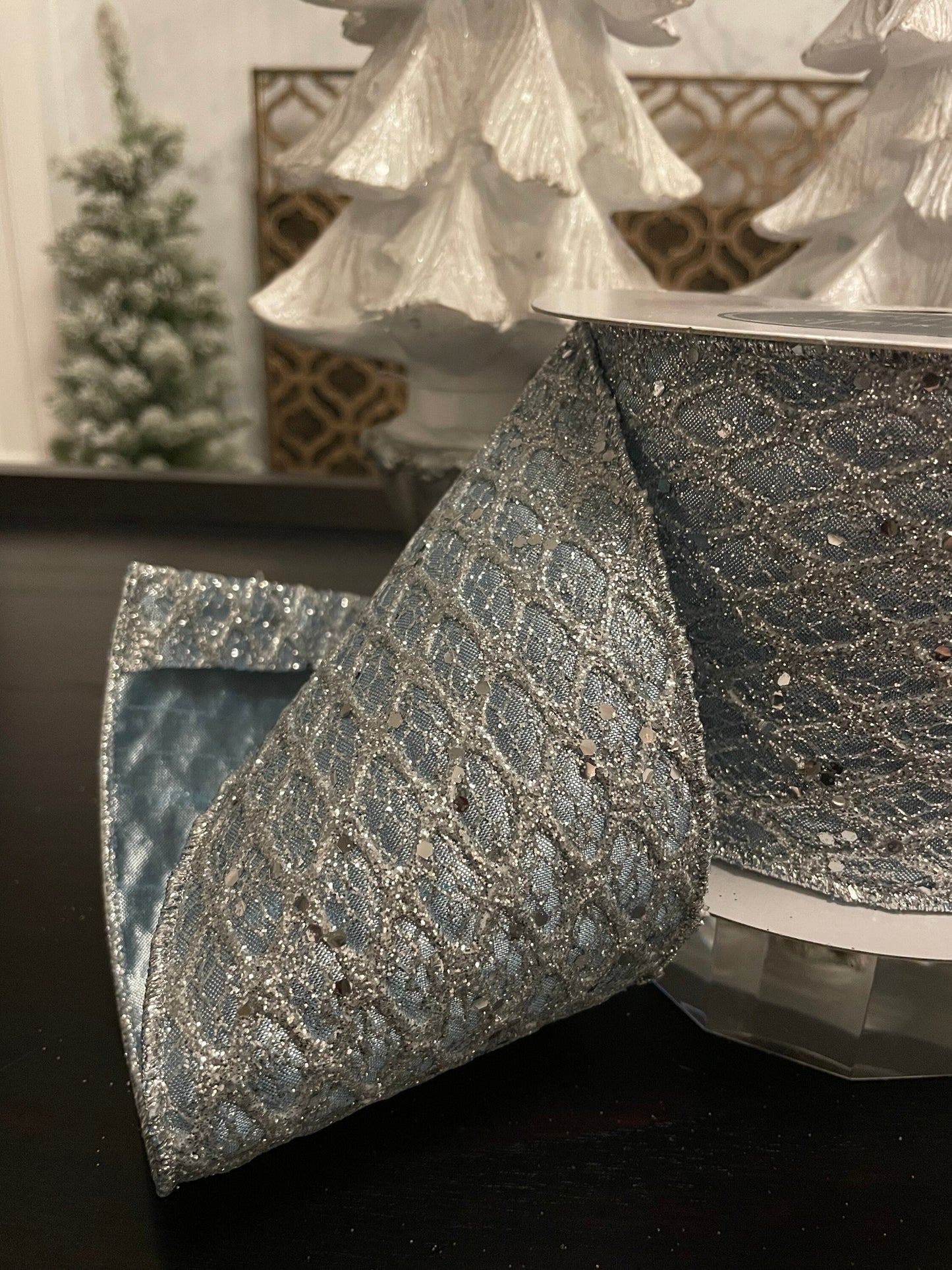 Retro diamonds dusty blue ribbon. 4”x 10 yards. Glittery.Wired.*