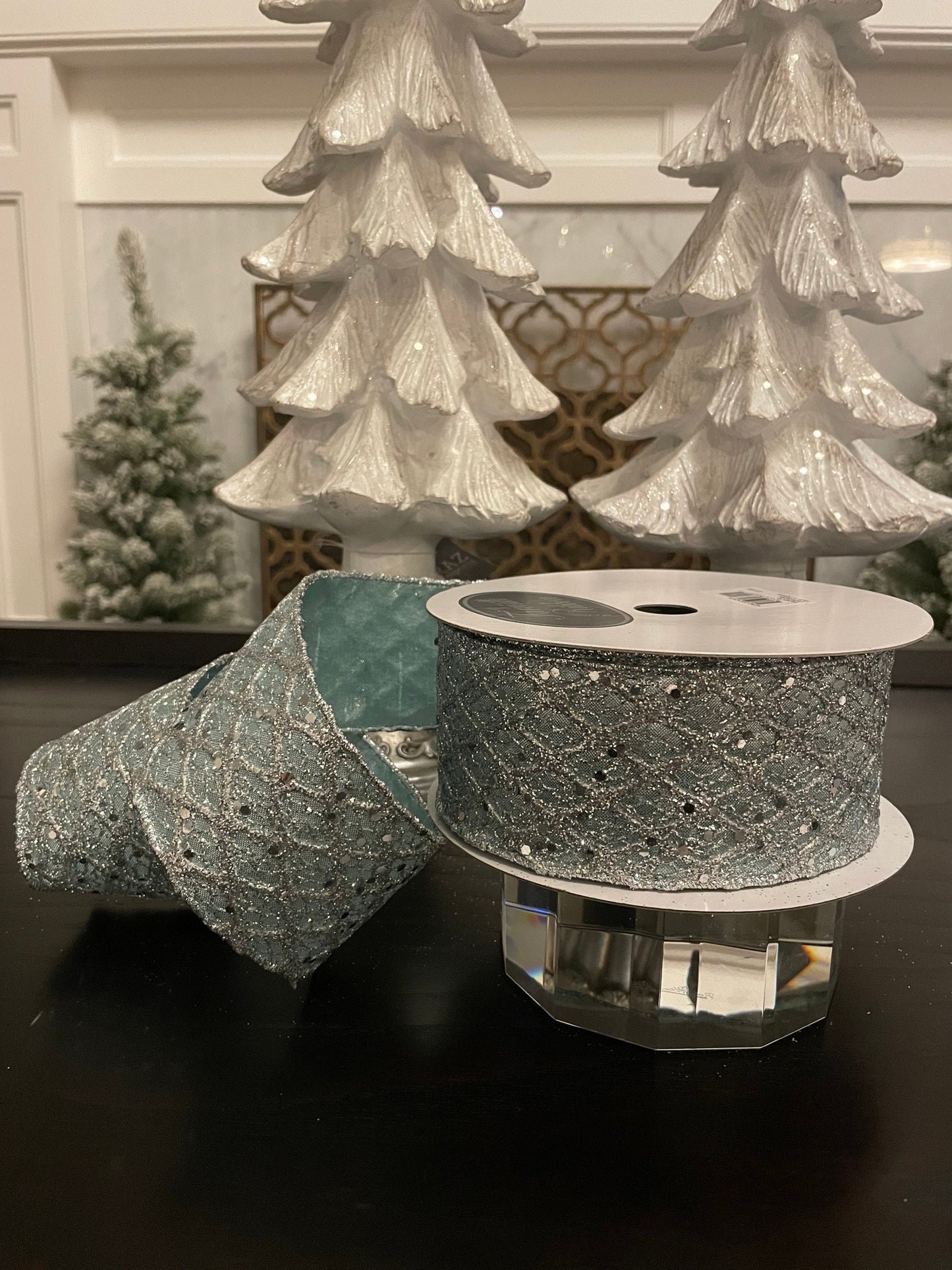 Retro diamonds celadon ribbon. 2.5”x 10 yards. Glittery.Wired.*