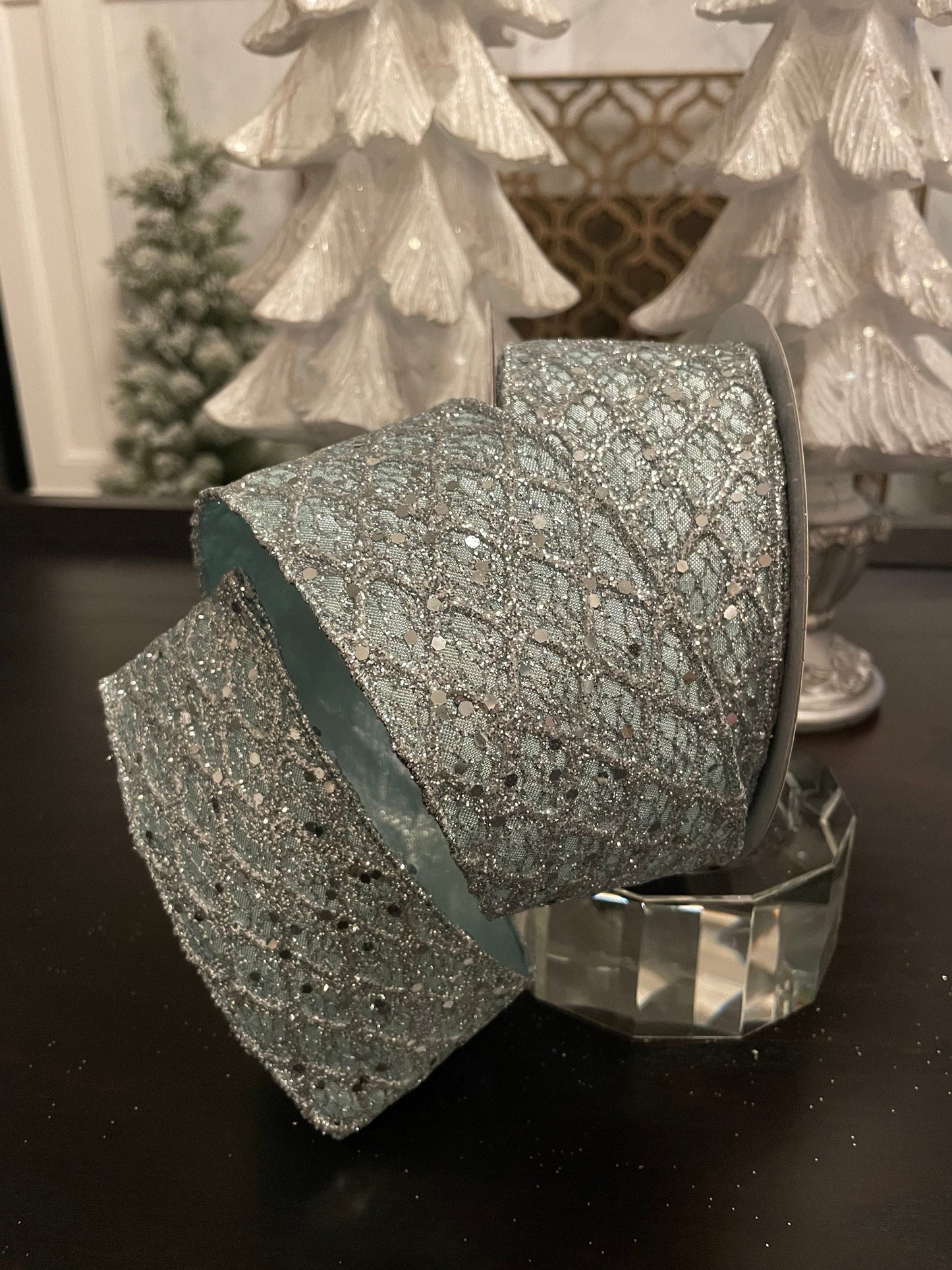Retro diamonds celadon ribbon. 2.5”x 10 yards. Glittery.Wired.*