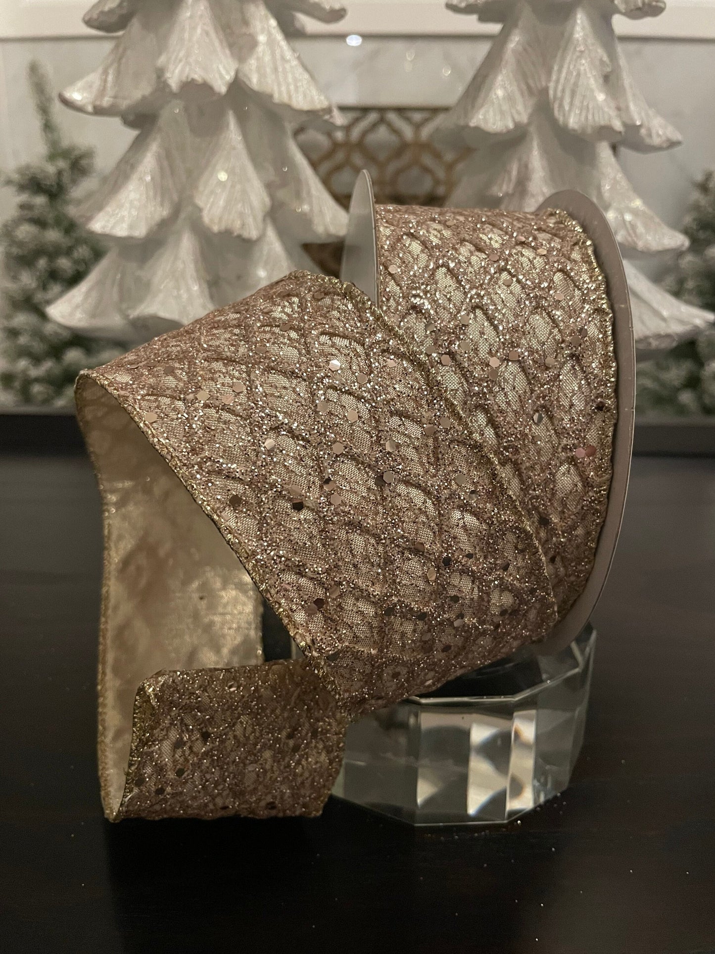 Retro diamonds champagne ribbon. 2.5”x 10 yards. Glittery.Wired.*