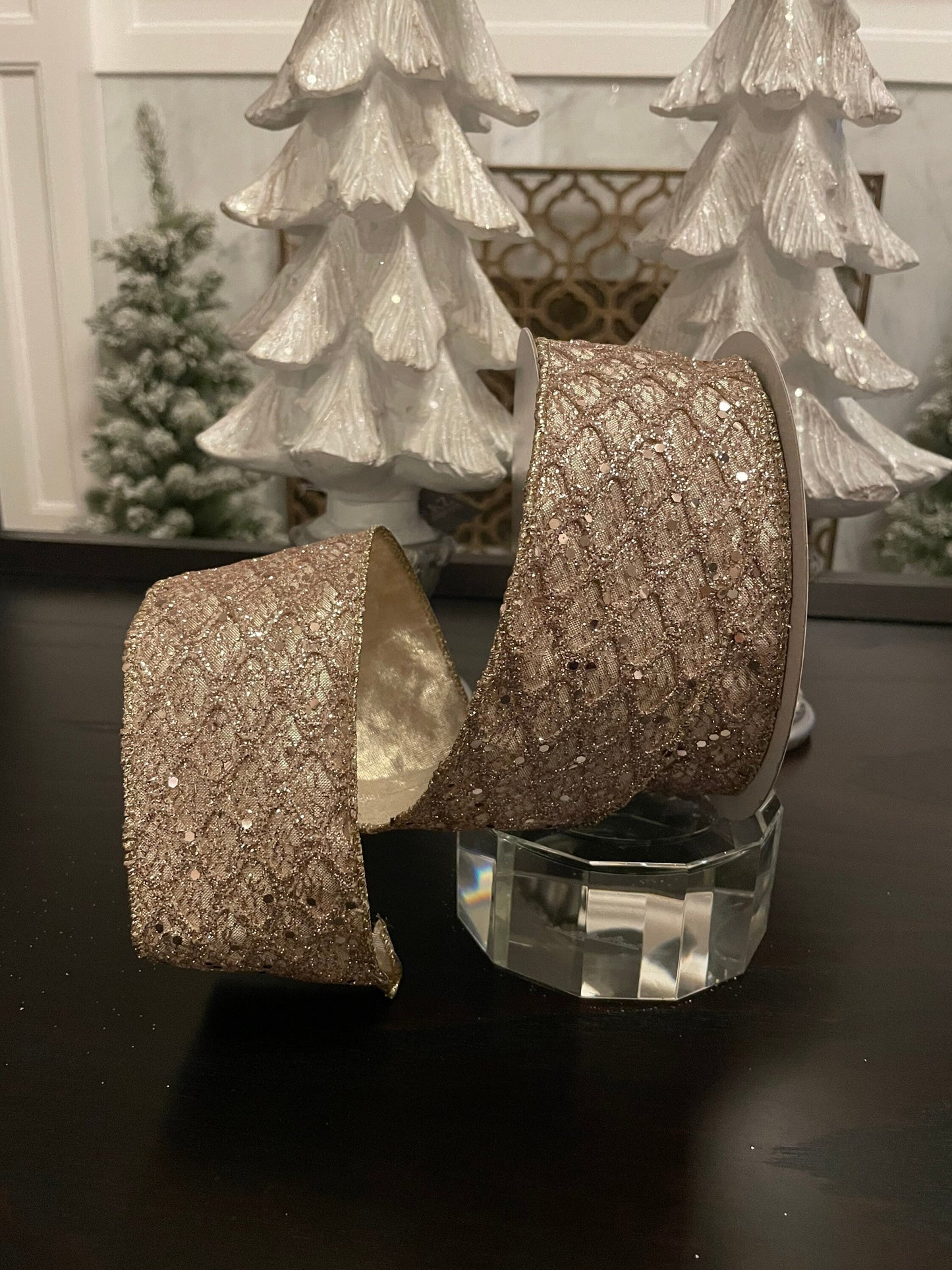 Retro diamonds champagne ribbon. 2.5”x 10 yards. Glittery.Wired.*