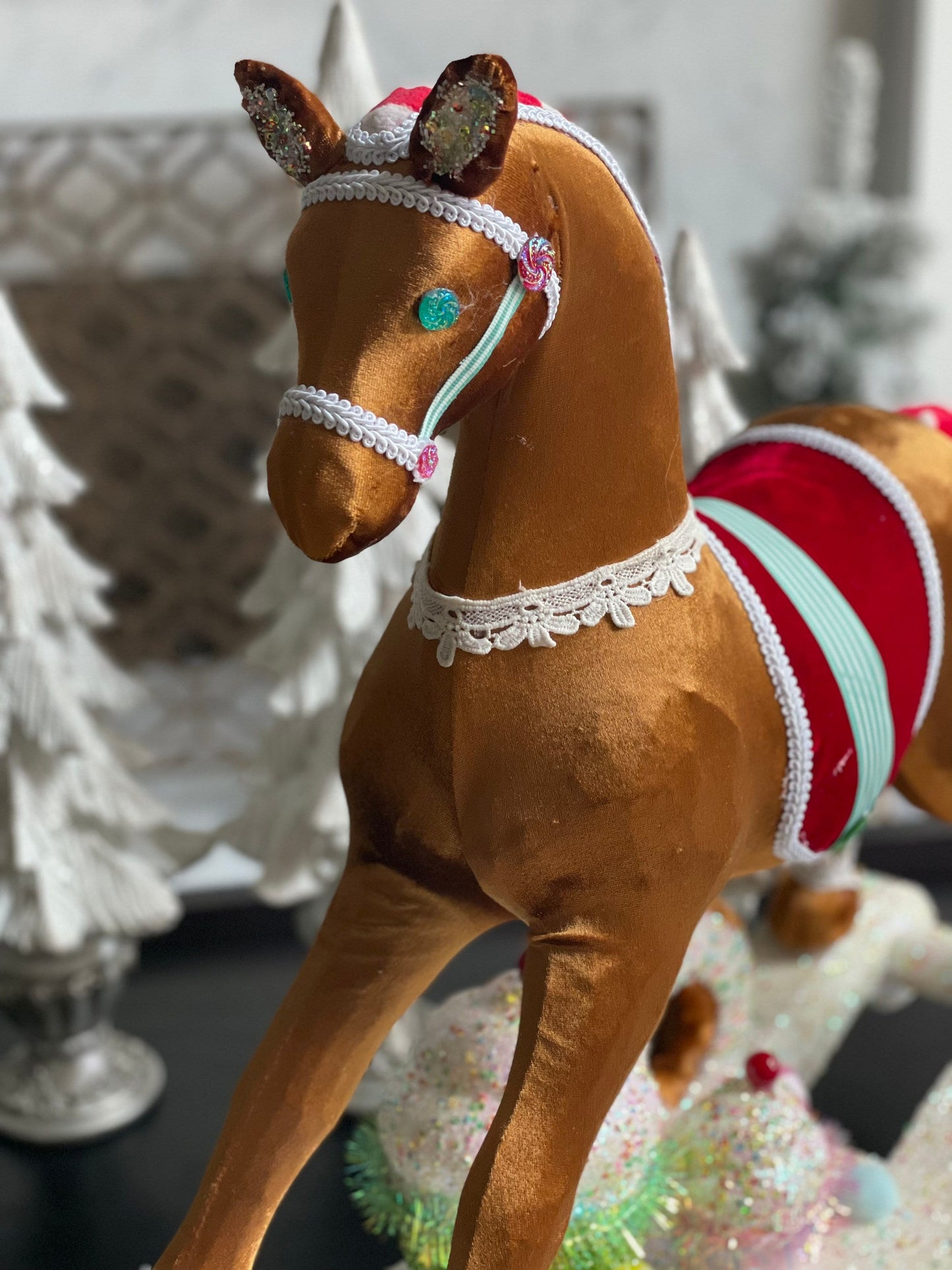 23”Hx 27” W. Rocking horse with cupcakes and donuts. One rocking horse.