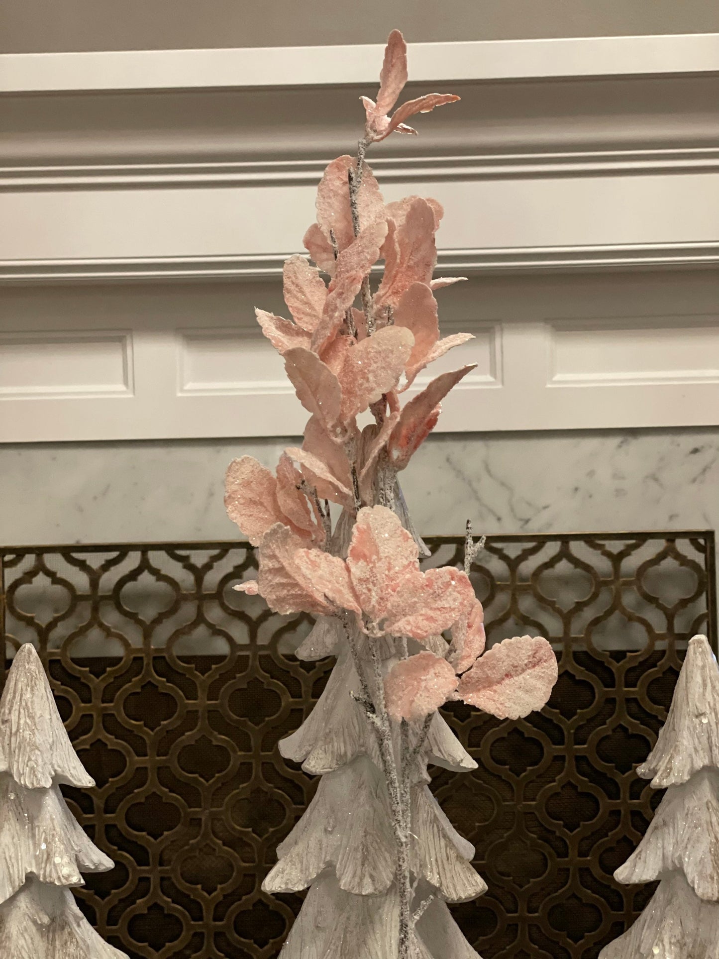 32” pink frosted glitter leaf spray. Set of 3.