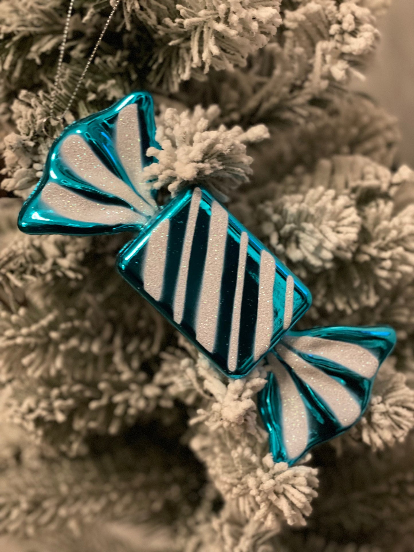 7.5” shiny candy teal/white ornament. Set of 2. Shatterproof. Plastic.