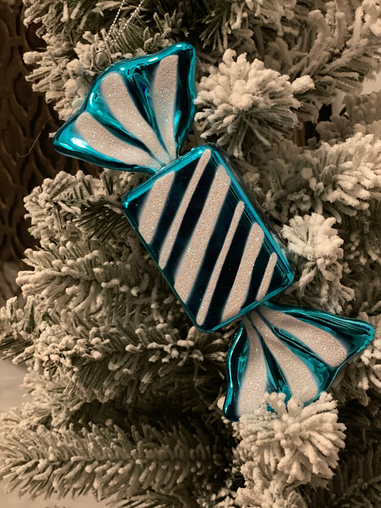 7.5” shiny candy teal/white ornament. Set of 2. Shatterproof. Plastic.