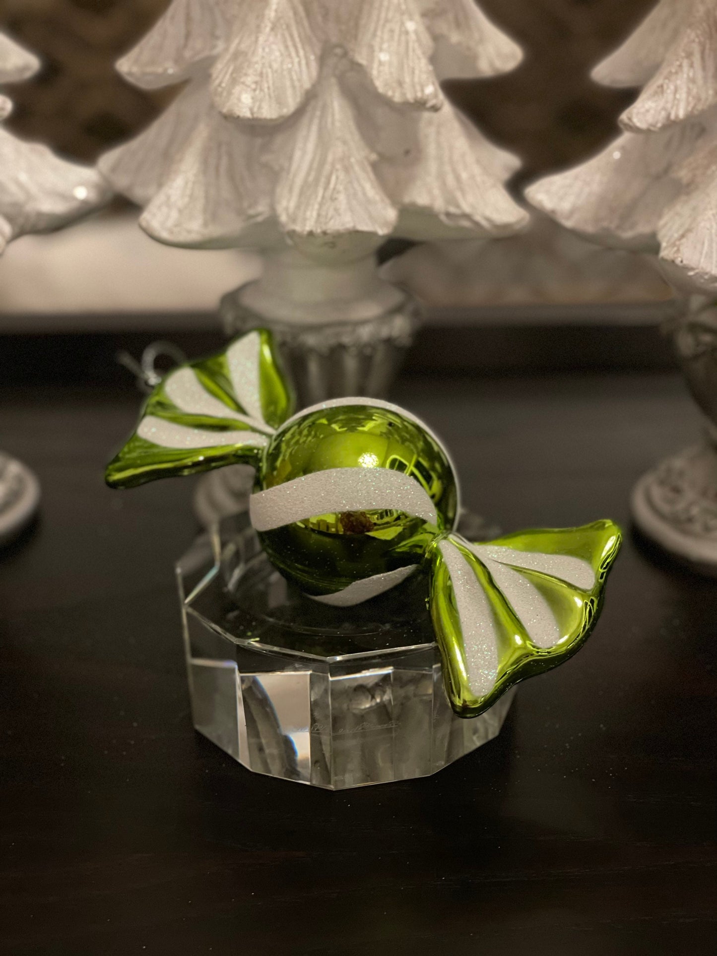 7.5” shiny green/white ornament. Set of 2. Shatterproof. Plastic.*