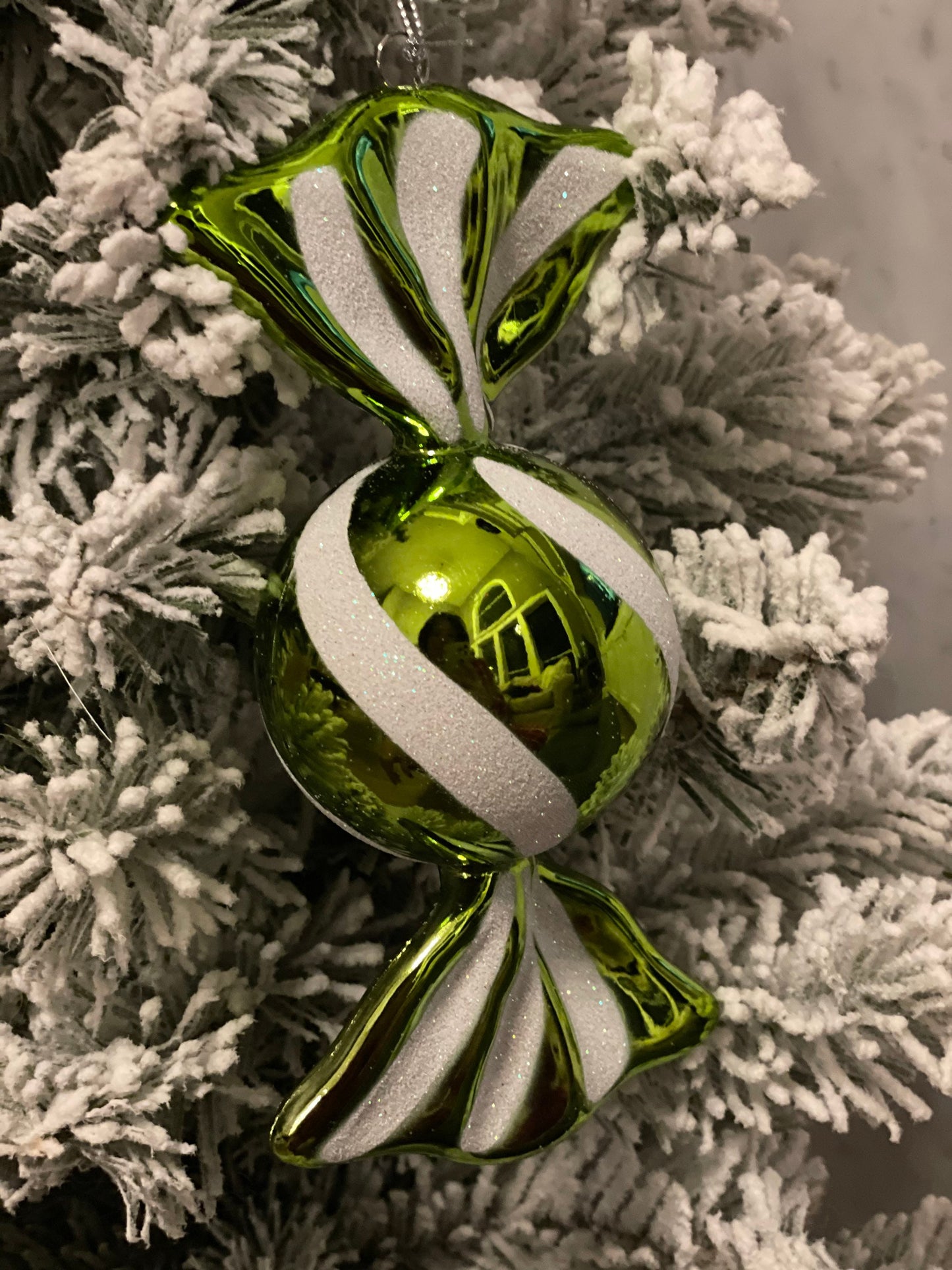 7.5” shiny green/white ornament. Set of 2. Shatterproof. Plastic.*