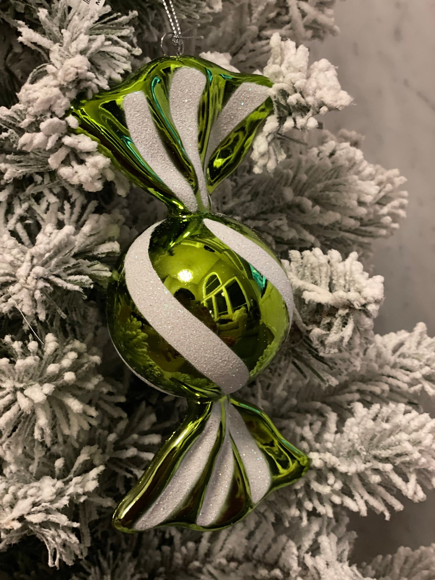 7.5” shiny green/white ornament. Set of 2. Shatterproof. Plastic.*