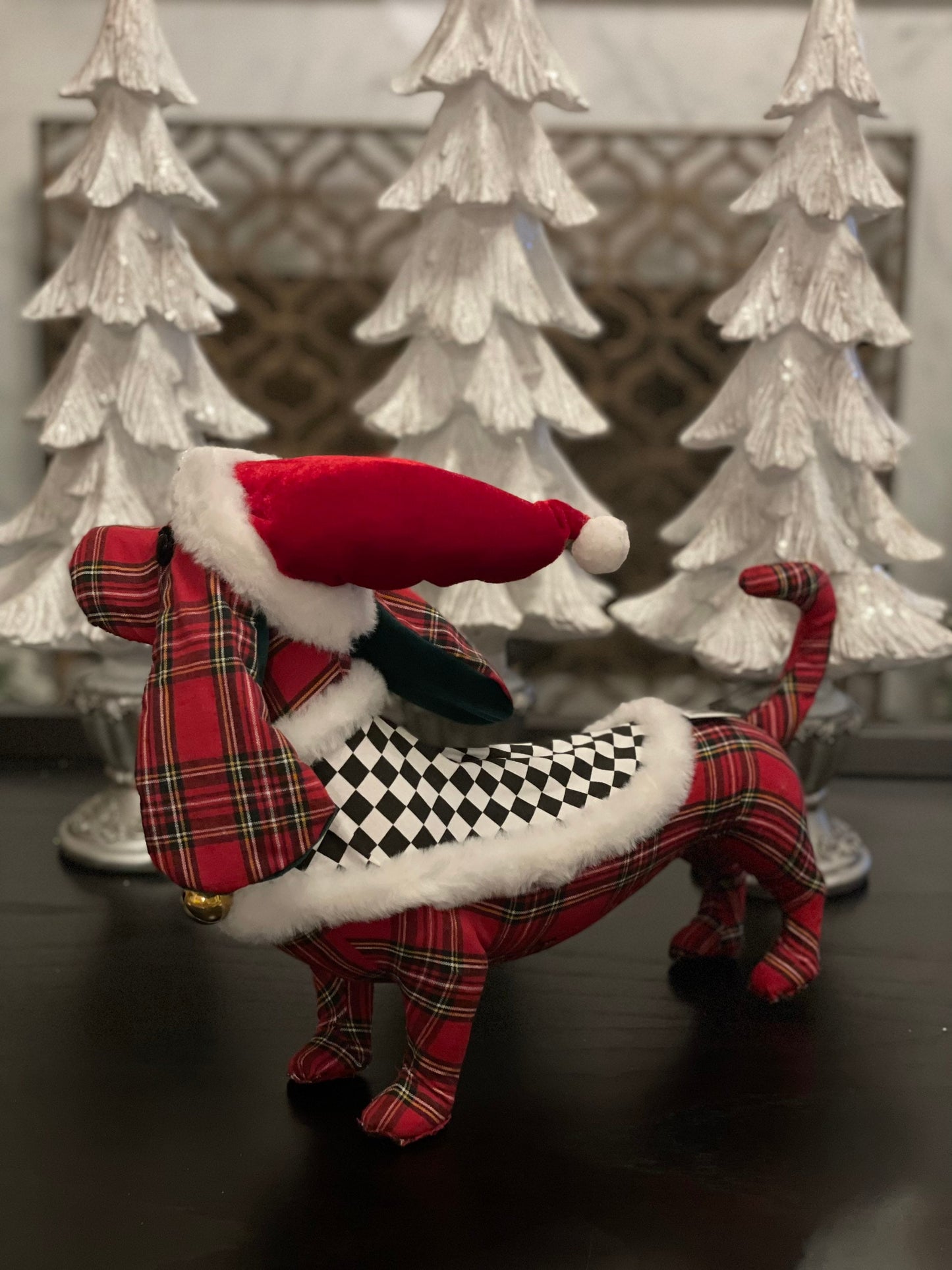 11” x 14” plaid checked dog with Santa hat. Red, green, black and white.
