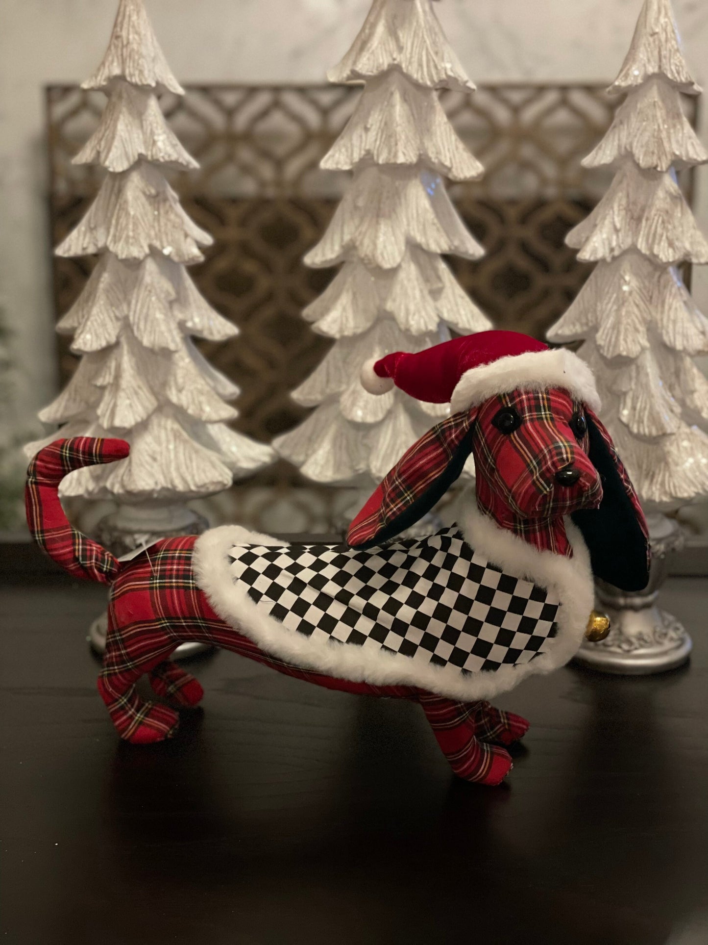 11” x 14” plaid checked dog with Santa hat. Red, green, black and white.