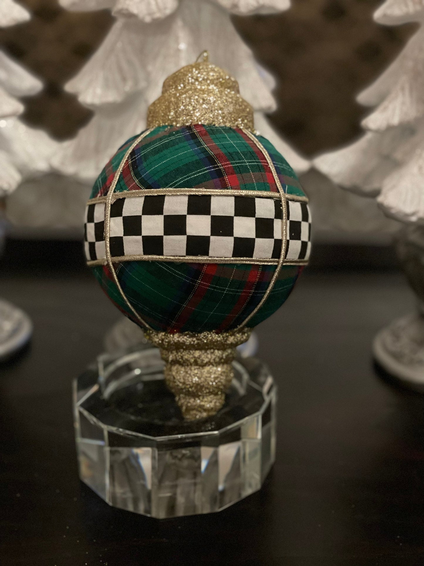 8” Plaid check finial Glitter Ornament. Green, white, black and gold.