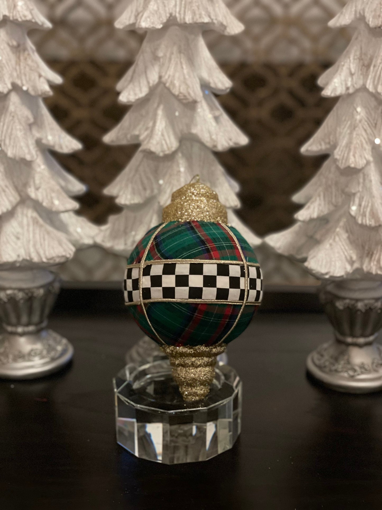 8” Plaid check finial Glitter Ornament. Green, white, black and gold.