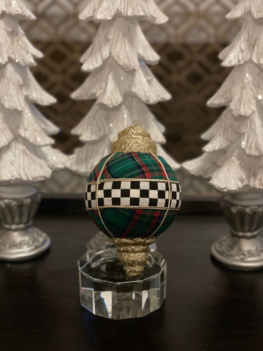8” Plaid check finial Glitter Ornament. Green, white, black and gold.