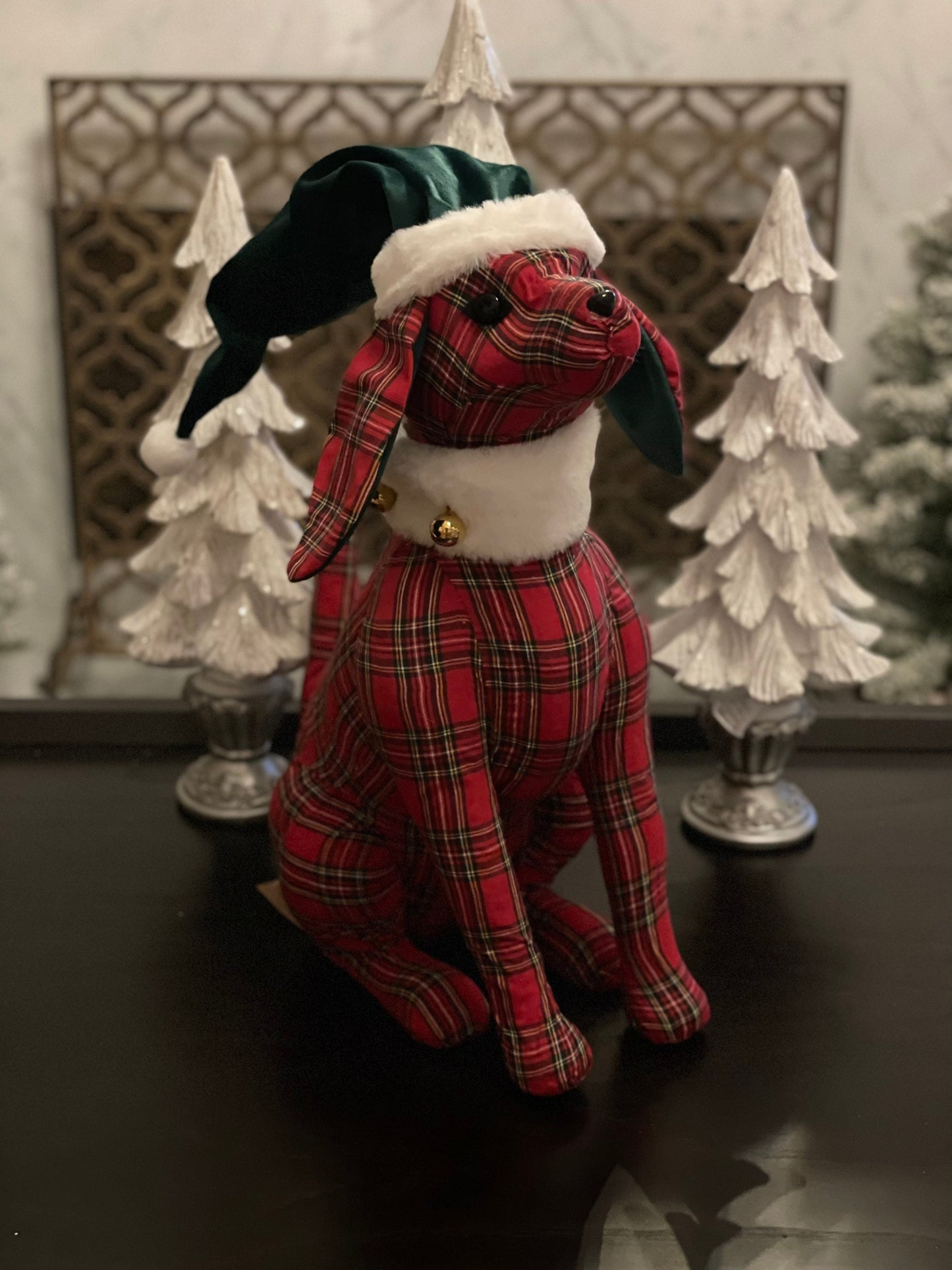 20” x 16” plaid checked dog with Santa hat and jingle bells.Red, green and white.