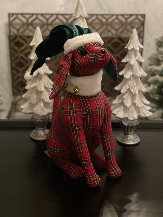 20” x 16” plaid checked dog with Santa hat and jingle bells.Red, green and white.